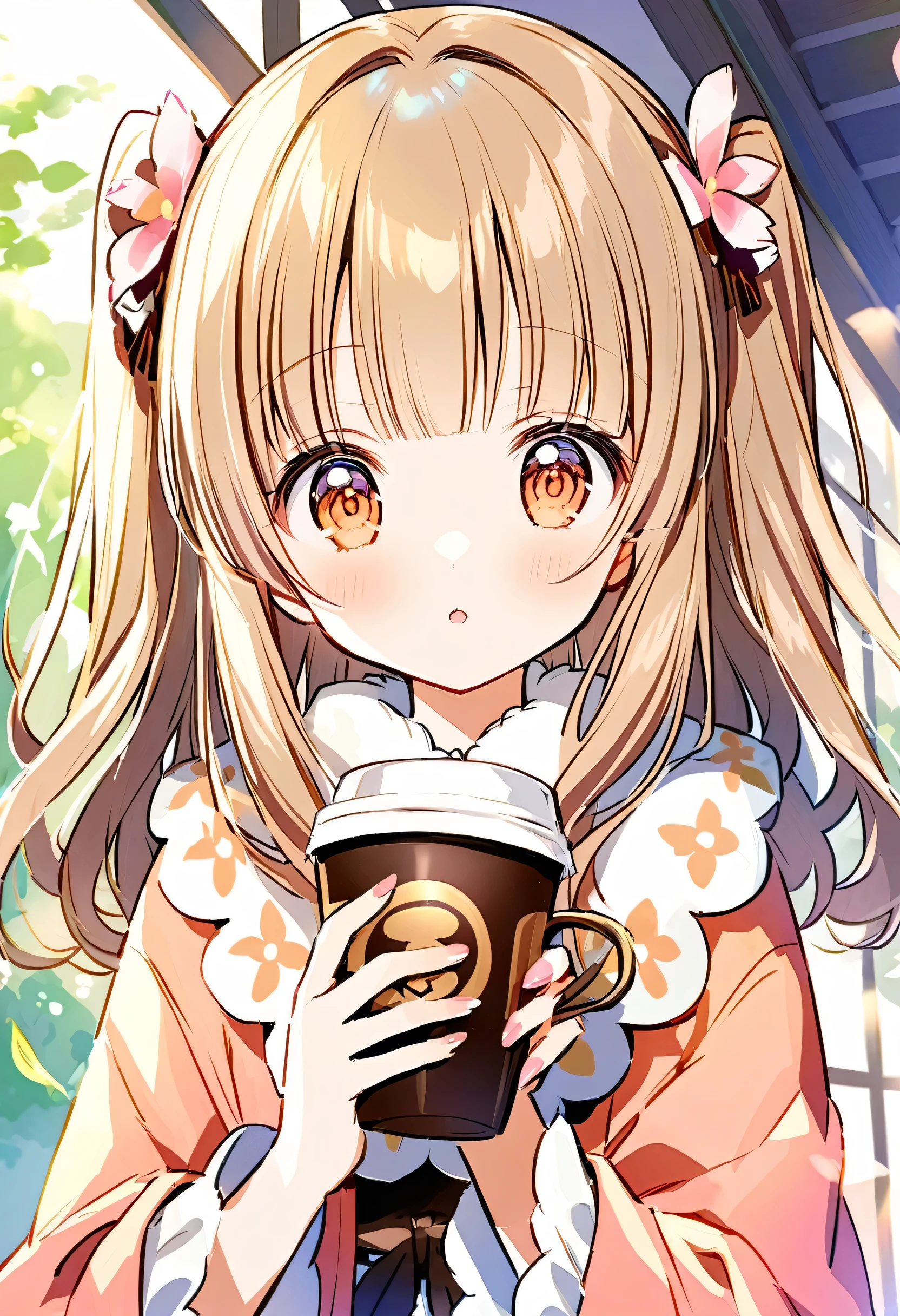 A young girl is holding a coffee cup in her hand, Girl cute beautiful face, Cute natural anime face, With a cute - lovely - face, sakimi chan, Chiho, Yoshitomo Nara, Young and pretty face, Beautiful Japanese girl face, Brown hair and big eyes, pretty girl, Beautiful light、Big eyes