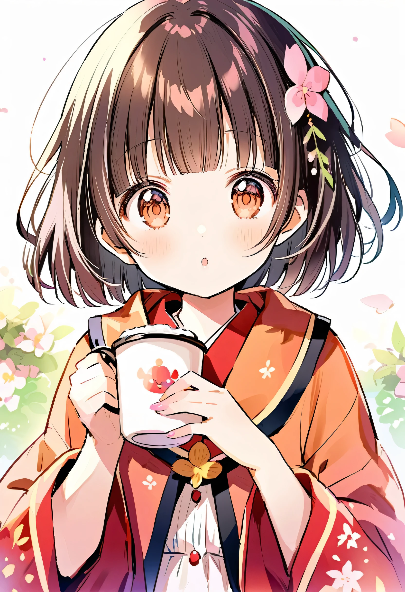 A young girl is holding a coffee cup in her hand, Girl cute beautiful face, Cute natural anime face, With a cute - lovely - face, sakimi chan, Chiho, Yoshitomo Nara, Young and pretty face, Beautiful Japanese girl face, Brown hair and big eyes, pretty girl, Beautiful light、Big eyes