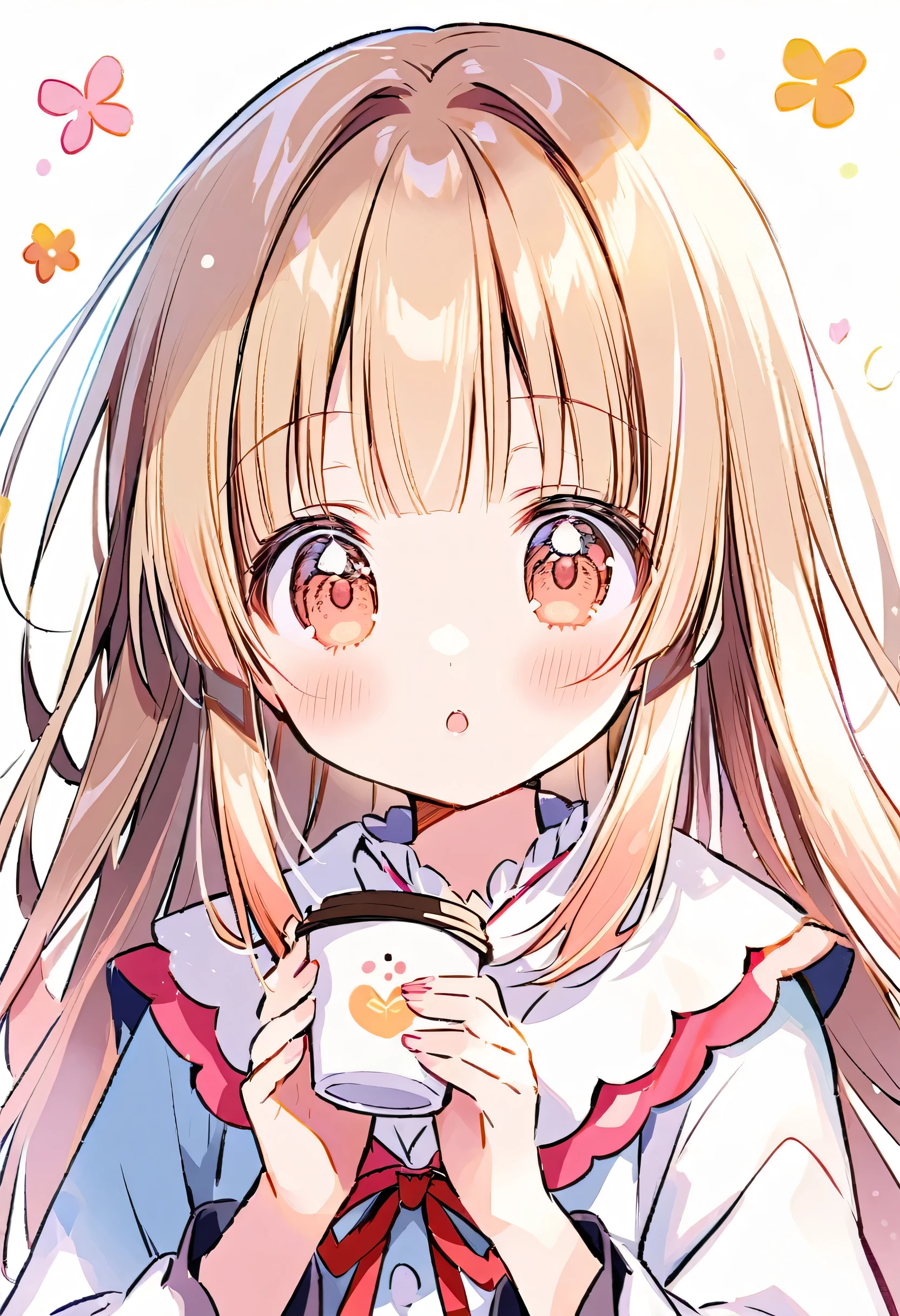 A young girl is holding a coffee cup in her hand, Girl cute beautiful face, Cute natural anime face, With a cute - lovely - face, sakimi chan, Chiho, Yoshitomo Nara, Young and pretty face, Beautiful Japanese girl face, Brown hair and big eyes, pretty girl, Beautiful light、Big eyes