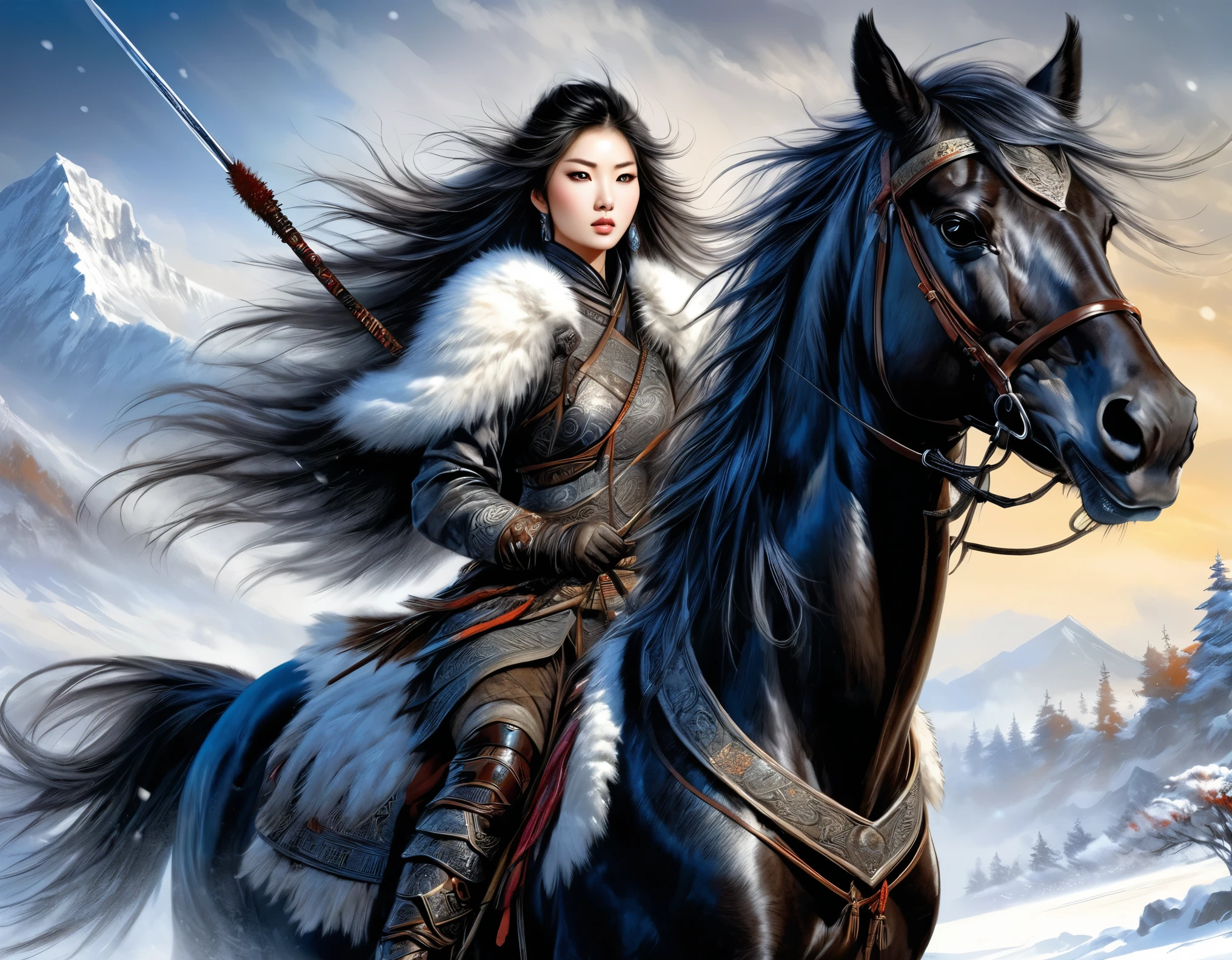 Wearing warm winter clothing made of thick fur, Cleverly combines traditional Chinese design patterns with contemporary elements ，messy and fluffy hair, Strong expression，Energetic, Sharp eyes， 1 girl, Handsome face，Delicate face，horse riding, looking at the audience，Black horse, Epic Fantasy Character Art, wearing intricate fur armor, style of luis royo, Northern female warrior holding a spear，An eagle keeps flying in the sky，