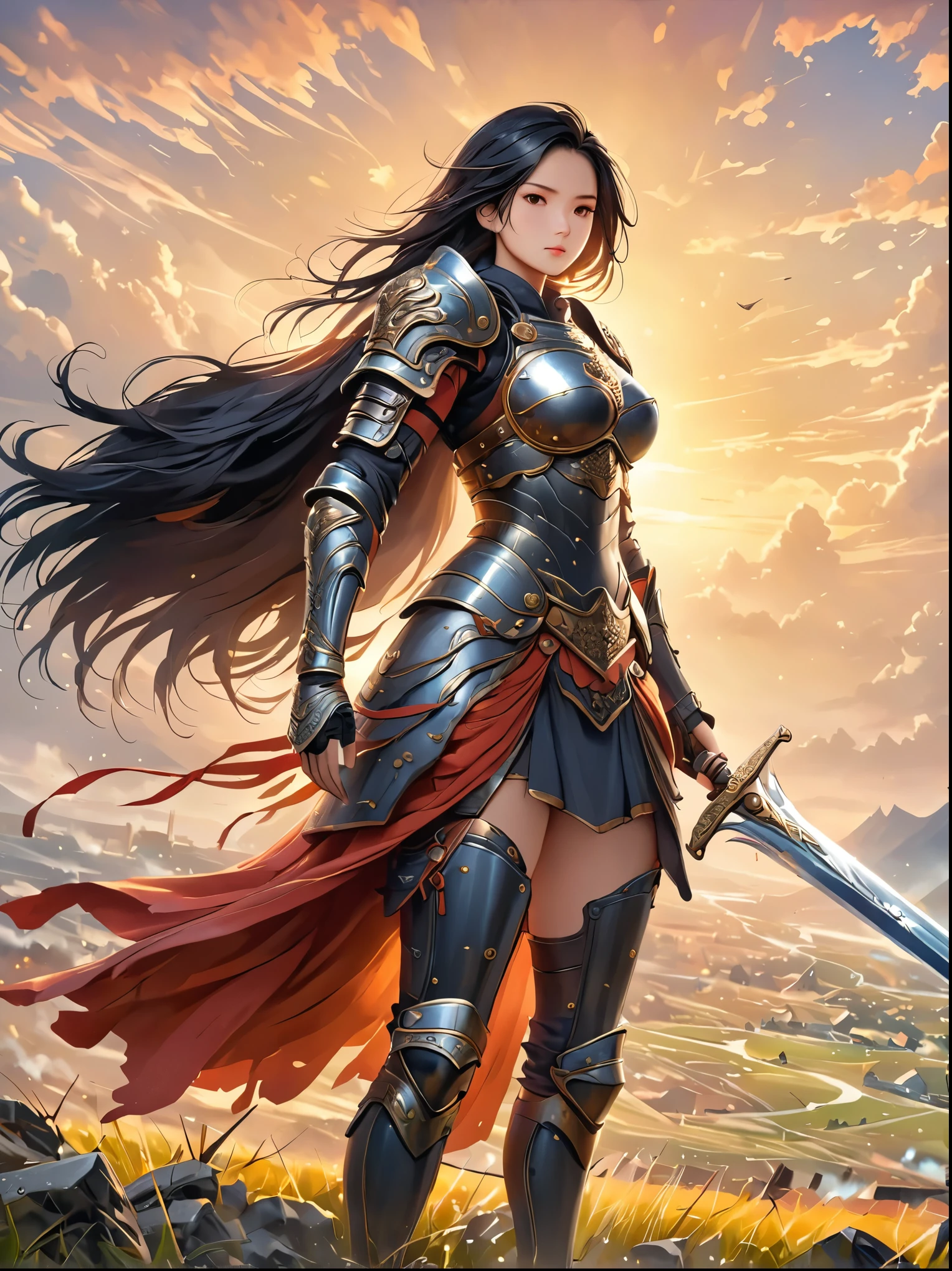 Female Warrior，battlefield，firm，Holding a gleaming silver sword，Wearing protective armor，Extraordinary courage，Black Hair，Hanging on the back，黄昏的天空笼罩着激烈的battlefield，Abstract painting in the distance、Somewhat fuzzy structure，Like a bustling city，full-body shot，Cartoon Style，Super Detail，Anatomically correct, masterpiece, accurate, textured skin, super detail, high details, award winning, 8k