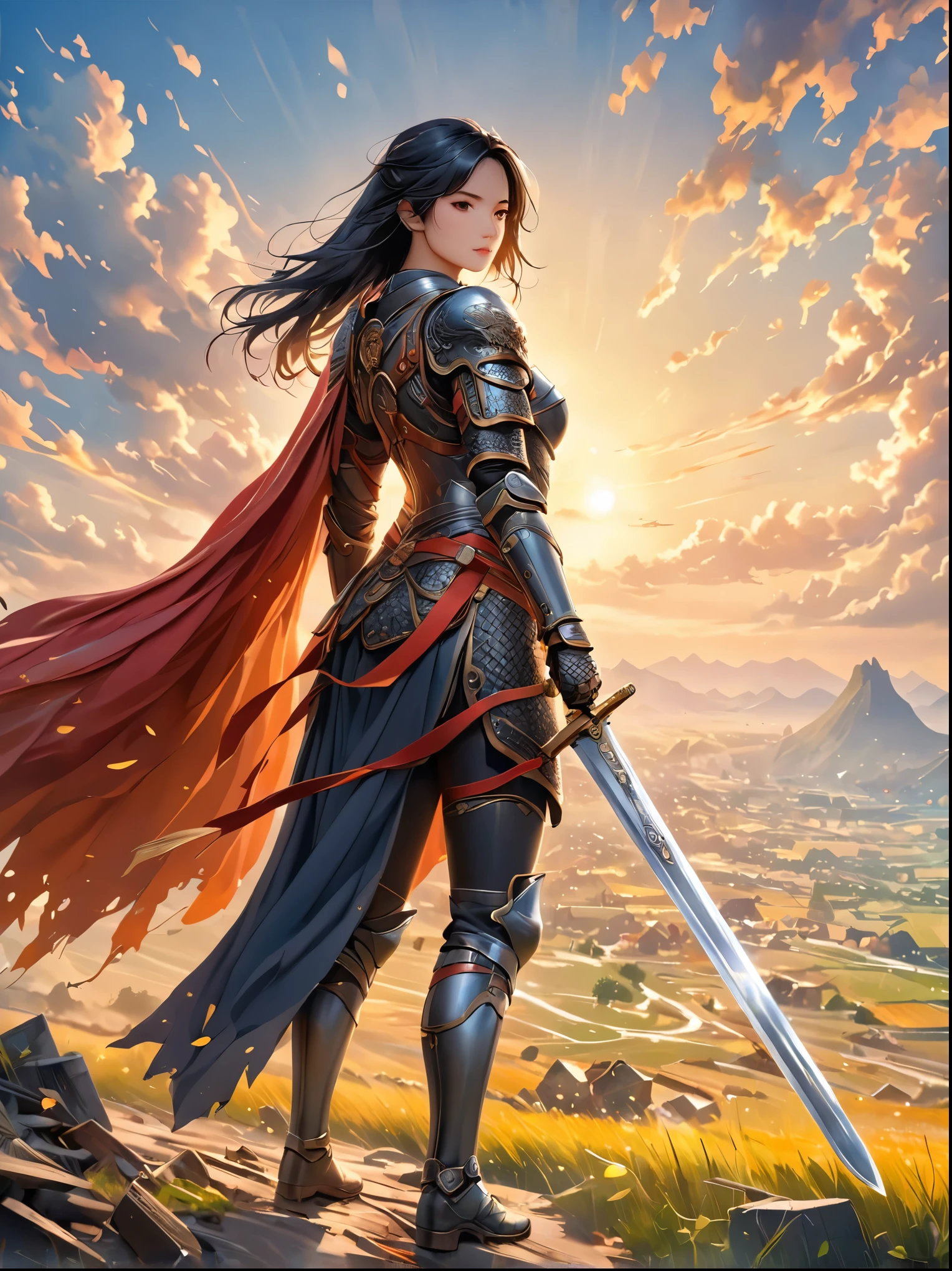 Female Warrior，battlefield，firm，Holding a gleaming silver sword，Wearing protective armor，Extraordinary courage，Black Hair，Hanging on the back，黄昏的天空笼罩着激烈的battlefield，Abstract painting in the distance、Somewhat fuzzy structure，Like a bustling city，full-body shot，Cartoon Style，Super Detail，Anatomically correct, masterpiece, accurate, textured skin, super detail, high details, award winning, 8k