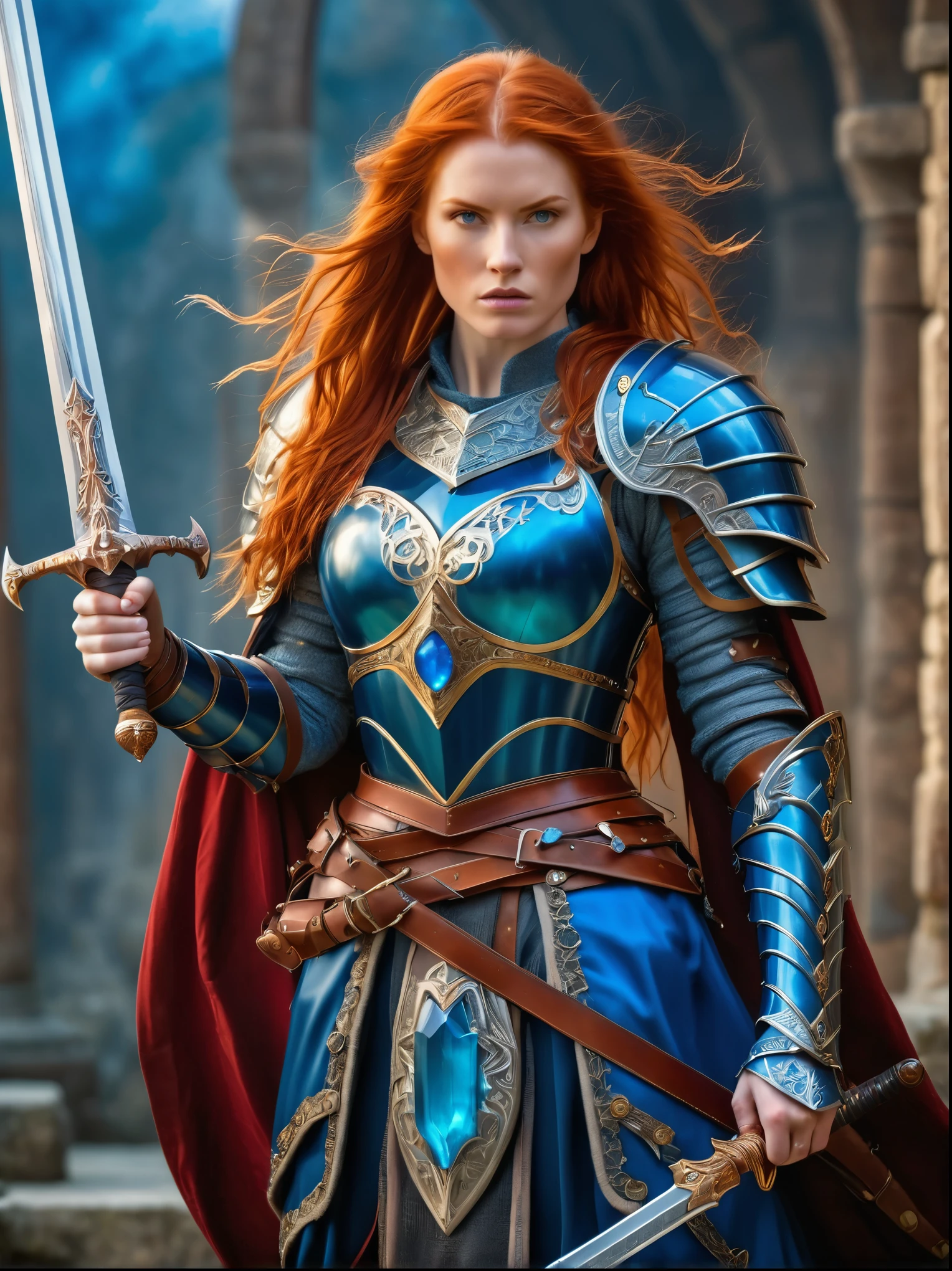 middle Ages，Fantasy scene，Fierce red-haired female warrior，Wear gorgeous armor，A blue gemstone is inlaid on the chest，Holding a large sword，The background echoes the warrior&#39;s magical nature with vibrant energy fields and sparks.，full-body shot，Cartoon Style，Created with C4D and Blender，Blind box toy style，Super Detail，Anatomically correct, masterpiece, accurate, textured skin, super detail, high details, award winning, 8k