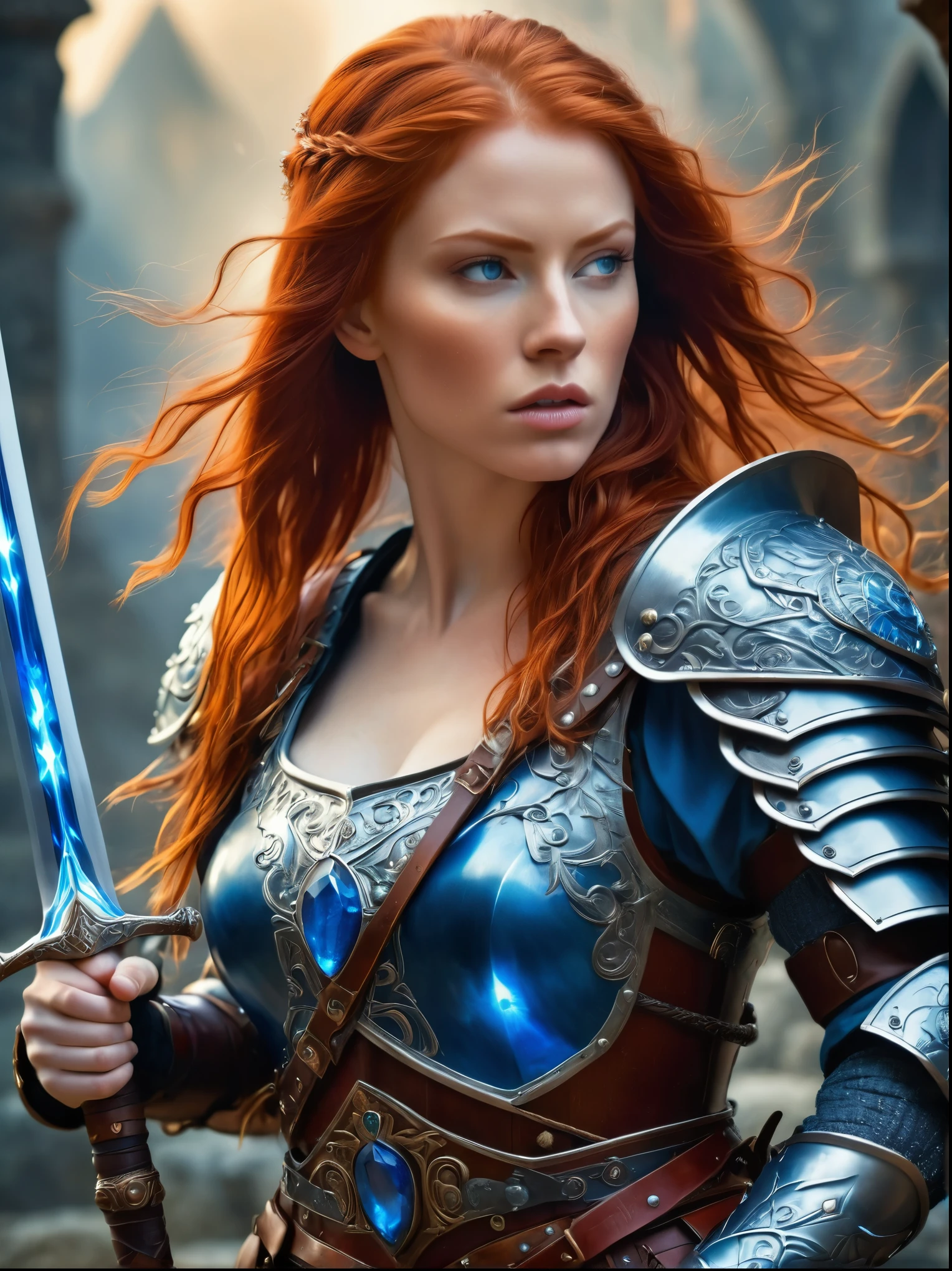 middle Ages，Fantasy scene，Fierce red-haired female warrior，Wear gorgeous armor，A blue gemstone is inlaid on the chest，Holding a large sword，The background echoes the warrior&#39;s magical nature with vibrant energy fields and sparks.，full-body shot，Cartoon Style，Created with C4D and Blender，Blind box toy style，Super Detail，Anatomically correct, masterpiece, accurate, textured skin, super detail, high details, award winning, 8k