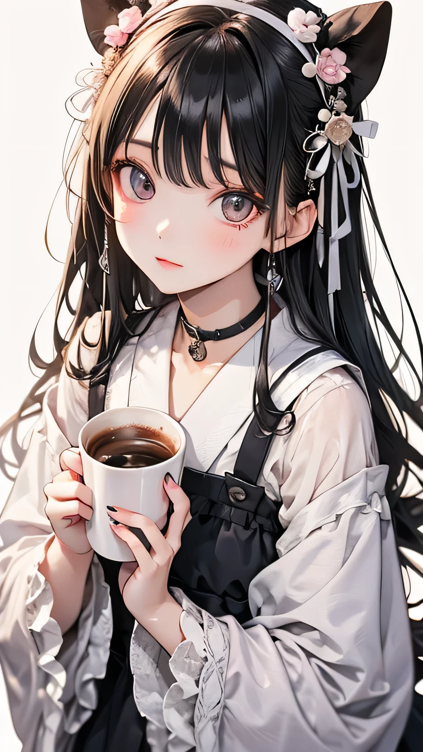 A young girl is holding a coffee cup in her hand, Girl cute beautiful face, Cute natural anime face, With a cute - lovely - face, sakimi chan, Chiho, Yoshitomo Nara, Young and pretty face, Beautiful Japanese girl face, Brown hair and big eyes, pretty girl, Beautiful light、Big eyes