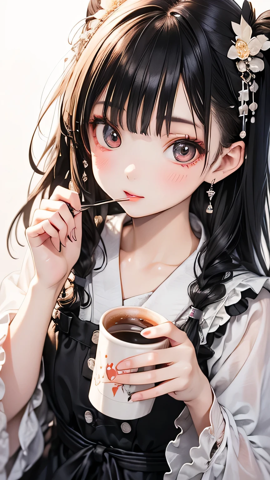 A young girl is holding a coffee cup in her hand, Girl cute beautiful face, Cute natural anime face, With a cute - lovely - face, sakimi chan, Chiho, Yoshitomo Nara, Young and pretty face, Beautiful Japanese girl face, Brown hair and big eyes, pretty girl, Beautiful light、Big eyes