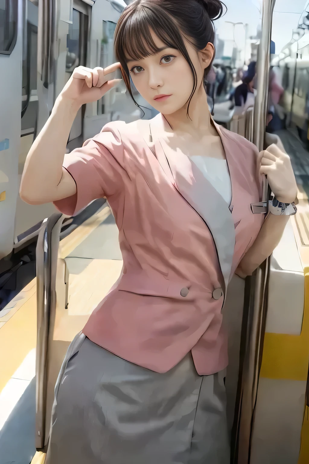 (masterpiece:1.2, highest quality:1.2), 32K HDR, High resolution, (alone、1 girl)、（On the rooftop of a building in the daytime、Professional Lighting）、Building rooftop background、（Nankai train crew uniform pinkを着たリアルスタイル）、（Nankai train crew uniform pink short sleeve pink jacket、Nankai Train Crew Uniform Pink Collarless Short Sleeve Blouse、Nankai Train crew uniform pinkのグレー色のキュロットスカート）、Dark brown hair、（Hair tied up、Hair Bun、Hair Bun）、Dark brown hair、Long Shot、Big Breasts、Thin legs、（（Great hands：2.0）），（（Harmonious body proportions：1.5）），（（Normal limbs：2.0）），（（Normal finger：2.0）），（（Delicate eyes：2.0）），（（Normal eyes：2.0））)、Captivating look、（Nankai Train crew uniform pinkのグレー色のキュロットスカートを見せた美しい歩く姿）、Keep your hands natural