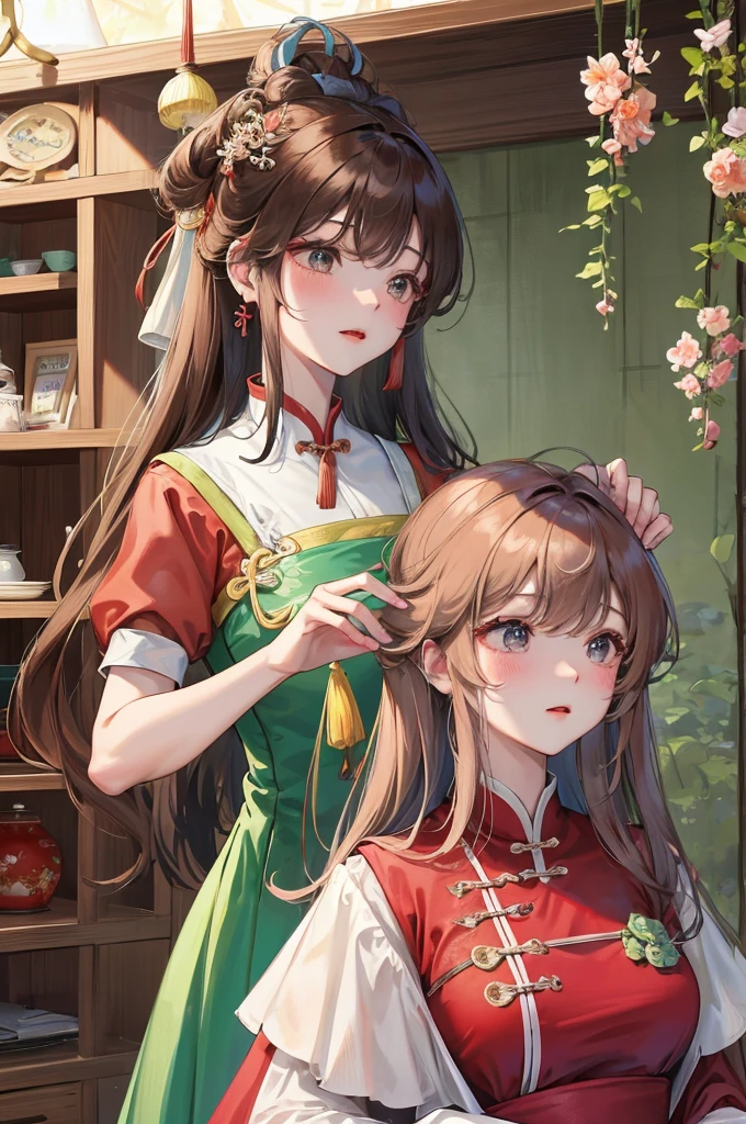 绝代夜满月1女China风姐妹御姐微笑棕发Princess剪麻花辫双丸浅粉红唇, calm, Intellectuals, Zhongfa, Green Student, hairpin, Peach Blossom, Red clothes,masterpiece, best quality, Married woman, aldult, Chinese, China, elder sister, hairpin,brown hair, Princess,Full of maternal love,purely,blush,Enthusiastic,Mother,Mature,fine,Pregnant,wife,Pantyhose,Shy,Happy,Likeable,发hairpin,Double tail,