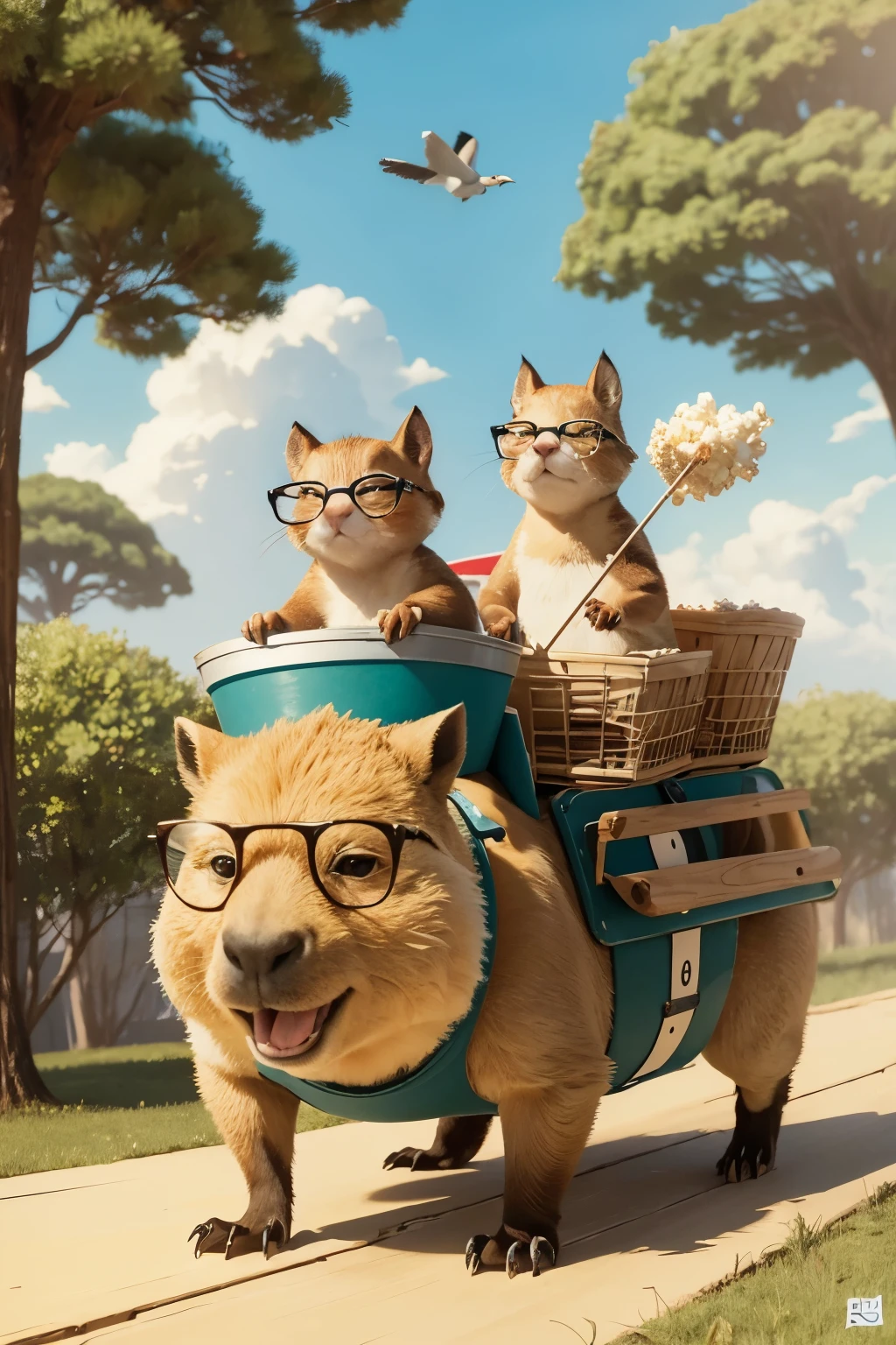 A whimsical scene of a capybara wearing glasses, holding a bucket of popcorn, with a woodpecker perched on its back. They are both running away from a comical frajola (a cartoonish cat character). The background shows a colorful, fun environment, like a park or a cartoon setting, com um picapau