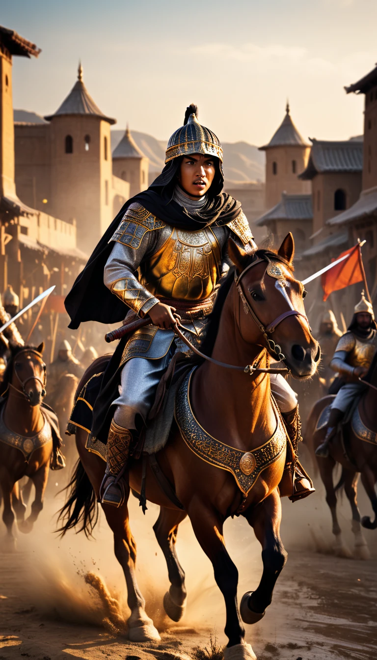 As the sun began to set, The warm golden hues of the sun illuminated his ornate attire, Dramatic scene of Mamluk cavalry charging against the Mongol forces, background dark, hyper realistic, ultra detailed hyper realistic, photorealistic, Studio Lighting, reflections, dynamic pose, Cinematic, Color Grading, Photography, Shot on 50mm lens, Ultra-Wide Angle, Depth of Field, hyper-detailed, beautifully color, 8k,