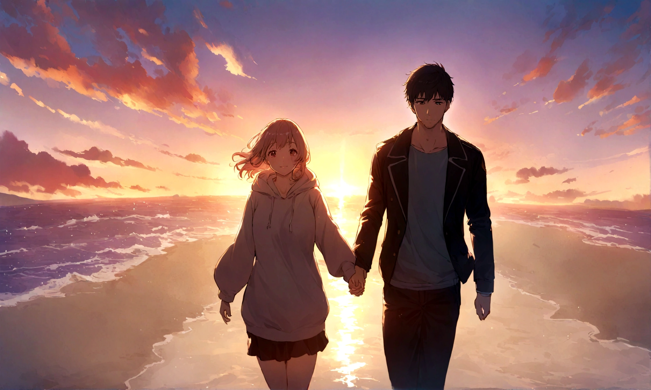 Seaside, Sunset sunlight, Holding hands, A woman with a gentle expression wearing a hoodie, Black military jacket clothing, Stubble, One young man, Vision, Cinematic Plan