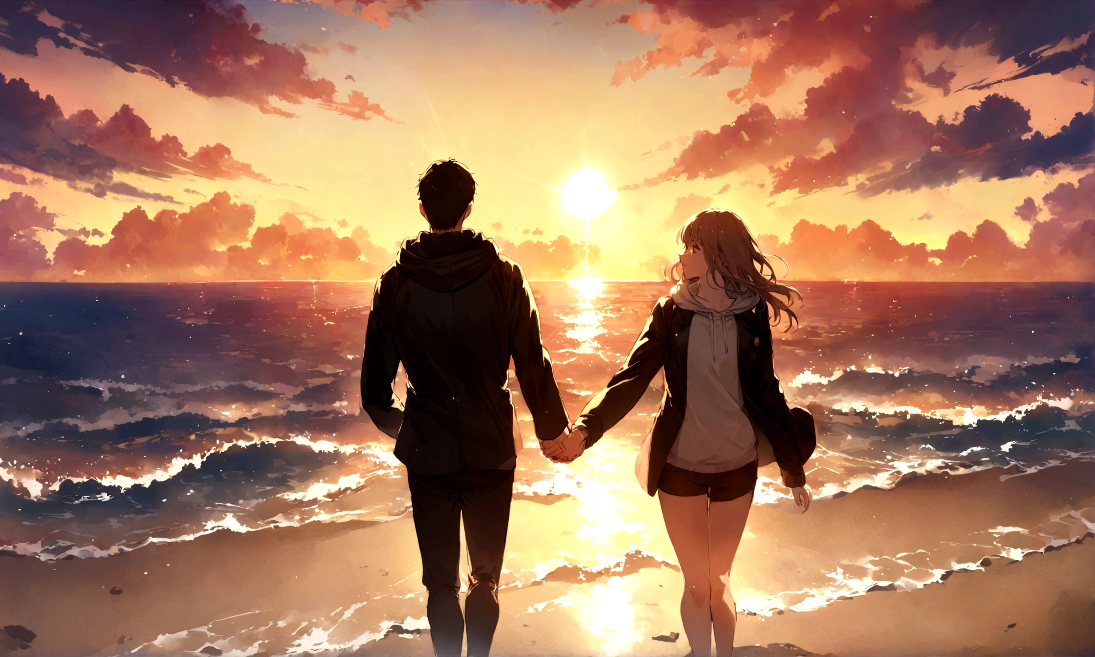 Seaside, Sunset sunlight, Holding hands, A woman with a gentle expression wearing a hoodie, Black military jacket clothing, Stubble, One young man, Vision, Cinematic Plan