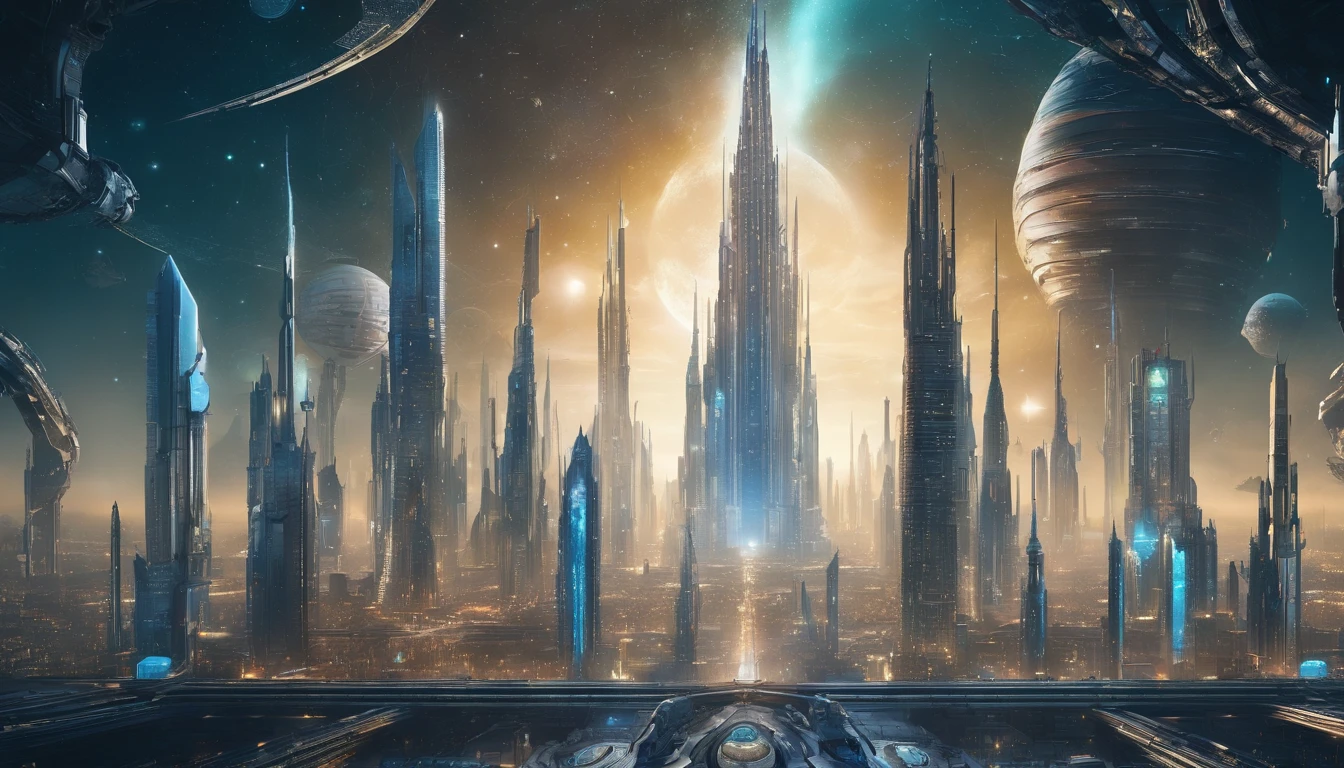 A mesmerizing, futuristic cityscape rendered in exquisite detail, where the metropolis is intricately designed with a massive, golden figure 8 integrated into the city. The city is inspired by the styles of Larry Niven and Arthur C. Clarke, with the whole of all element shaped into a planet. A translucent diamond shield envelops the city/planet, offering protection to its inhabitants from the unknown beyond. The surface blends crystal blues, and greens matte, evoking Earthly terrains and interstellar oceans. Towering metallic gold wired constructed skyscrapers dominate the scene, with a central tower resembling a celestial medieval castle. This breathtaking work of art draws inspiration from architectural masterpieces, dark fantasy, portrait photography, 3D renderings, cinematic visuals,and the exquisite aesthetic of 750k resolution. architecture, cinematic