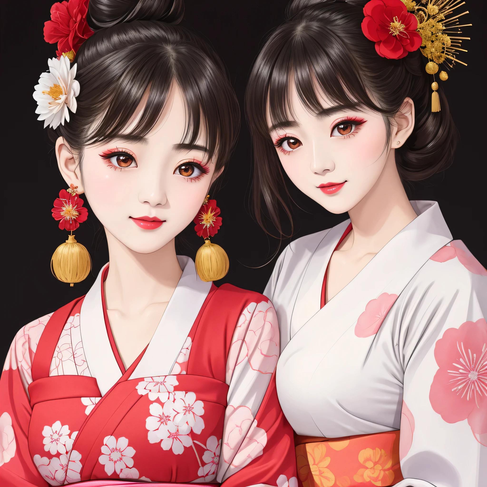 Each has a different expression2People and sisters、(2 girls)、⦅Dancing traditional arts with grace)、((Big Breasts、Small Face、Not exposed))、highest quality、masterpiece、(Black Hair、Bun Hair)、Brown Eyes、⦅Wide angle、Angle from above the waist、Pause on the magazine cover、Their gazes are different, gazing into the distance⦆、(8K High Quality、masterpiece、High resolution、Realistic and beautiful light and shadow、(highest quality)、(High Resolution)、(Very delicate and beautiful)、(Beautiful 8k face)、(With a smile、Beautiful eyes)、(Clear skin)、(Soft hair)、(8Head to Body)、(A Japanese-style yukata kimono with red, pink, orange and blue floral patterns on a white background, interspersed with gold powder、Wearing a yukata2Beautiful Japanese girls)、((Tanabata decoration background))、((Small Face))、(arms up)、Thin and small nose、(Red lipstick)、(Make your cheeks red)、(Glossy skin)、((Ink painting style))、Very thin eyebrows、Overall ultra-high image quality、(She is wearing maiko-style makeup.)、Whitening、Long and beautiful eyelashes、Glowing Skin、(Red cheeks),Straight nose、masterpiece、highest quality、whole body、 Eyebrows visible through hair、Bun Hair、Grin、Gal、Gal、Viewer's Eyes、Plaid、Stylish、woman、fine、Pause、
Waiting to start