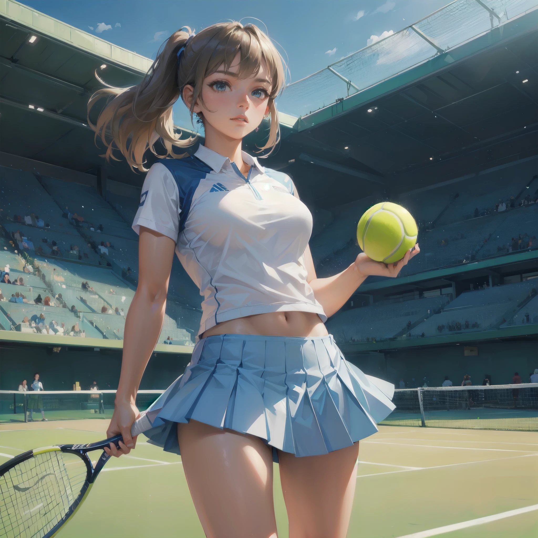 masterpiece, (textured skin), best quality, gorgeous beautiful girl, (a female tennis athlete), detailed clothes,large breasts,narrow waist,, (beautiful face), cinematic lighting, (at tennis venue),