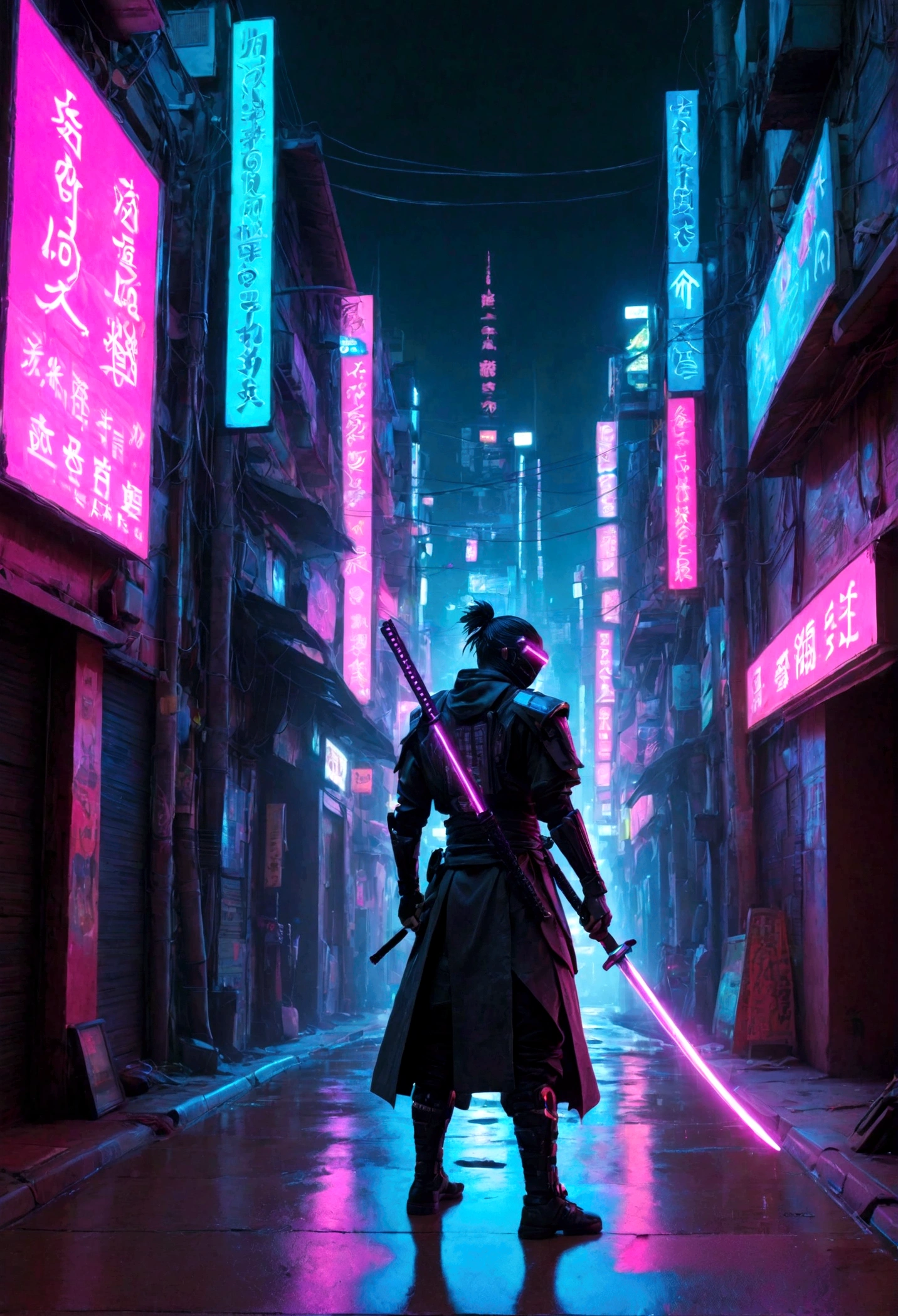 Em um beco encharcado de neon de uma cidade cyberpunk, A lone cybersamurai beneath flashing holographic signs. Seu ciberware carmesim brilha, and a holographic katana vibrates with energy as they prepare for a duel with an invisible adversary
