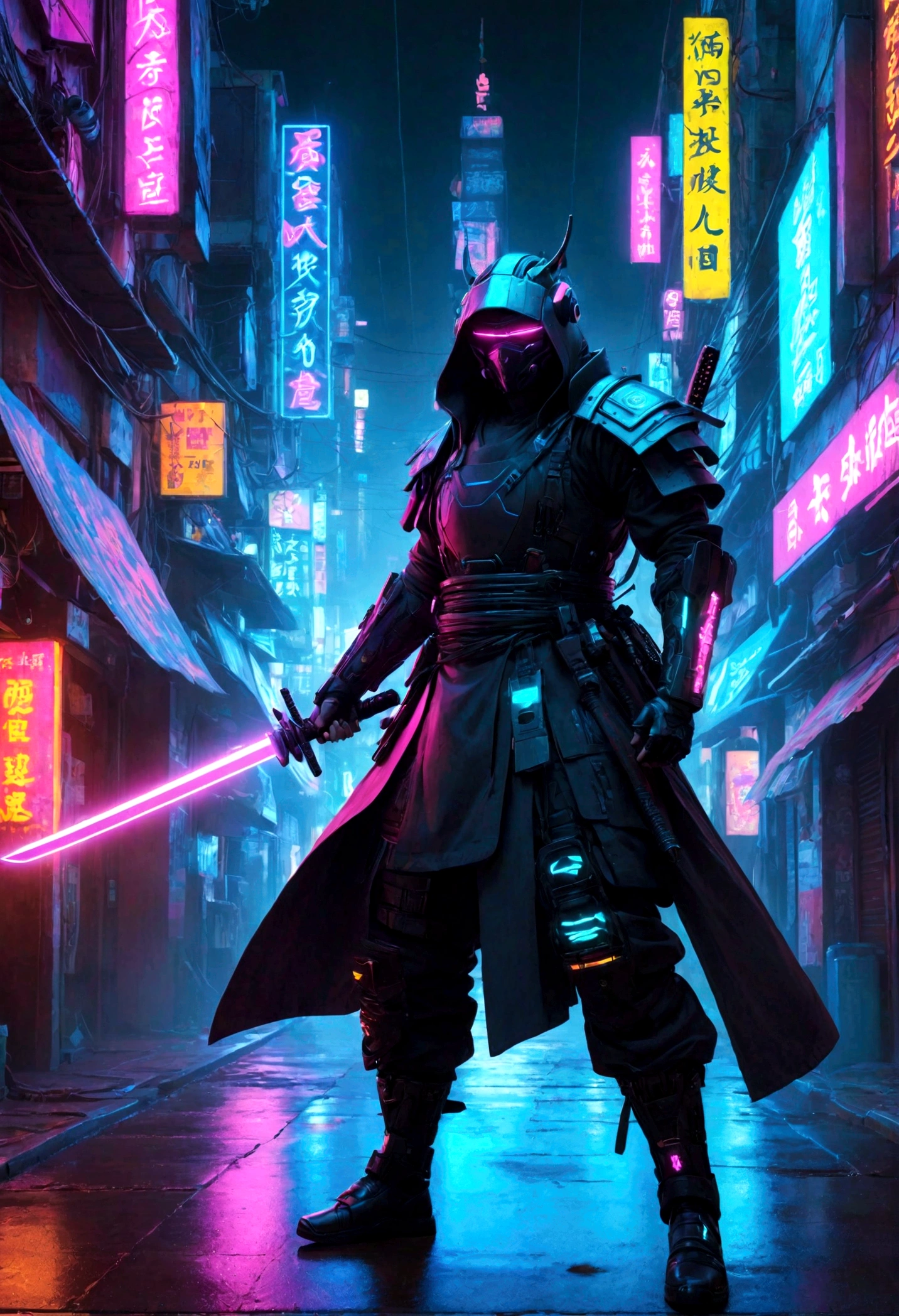 Em um beco encharcado de neon de uma cidade cyberpunk, A lone cybersamurai beneath flashing holographic signs. Seu ciberware carmesim brilha, and a holographic katana vibrates with energy as they prepare for a duel with an invisible adversary