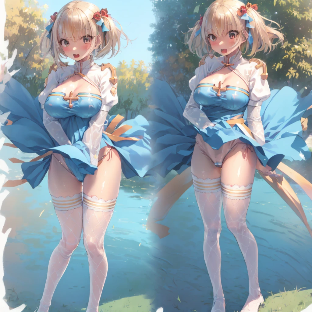 Texture CG, ((Ultra Detail Art)), ((master piece)), (extremely details CG),1girl,solo,ragnarokarch,nsfw,(open legs with standing pose),gal , gyaru,beautiful breasts,slim body, slim legs, collarbones,slim and smooth lines,slim waist,small butt,(erection nipple:1.2), (panty shot),wind lift ,(miniature microbikini,tiny microbikini,string-only microbikini,pussy peek,clitoris slip,very lowleg,microbikini wedged in vulva),(((White Puff Sleeves))), white thigh thighs, Gold Sash ,White blue dress from neck to chest, cleavage deep cutout, Long blue skirt with high slit,(((very short length and very narrow size pelvic curtain))),((Blue Wide Sleeve), (Blue Dress very Short length and very narrow size Front)), long hair, blonde hair,silver hair,brown hair,Curve, Beautiful detailed eyes , gleaming skin, open mouth ,smile, outsides ,clear sky, in summer ,windy ,garden,