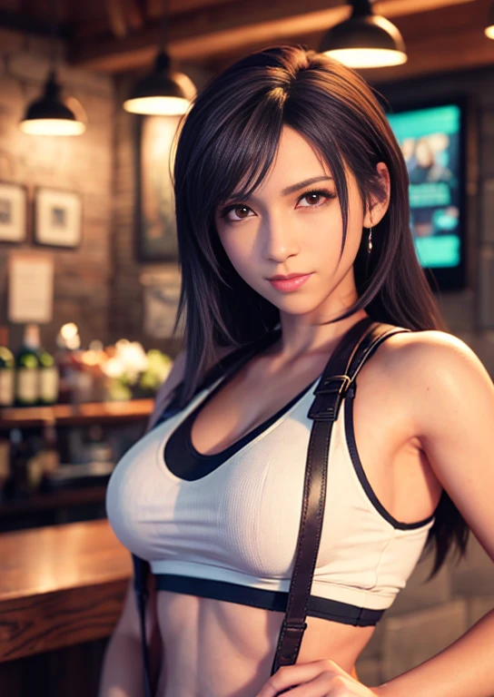 (, blush, 20 years, Narrow eyes) (Realistic: 1.4), alone, highest quality, Very delicate and beautiful, High resolution, One girl, Tifa_Lockhart, smile, Cowboy Shot, suspenders, Low rise, mini skirt, Tank top, Tense shirt, Black Hair, Long Hair, Elbow hand pockets, Beautiful and detailed red eyes, Face Light, Cinema Lighting, belly button, ( Huge breasts: 1.0), Old Bar, The background is blurred, Fluttering Hair, Adult beautiful woman