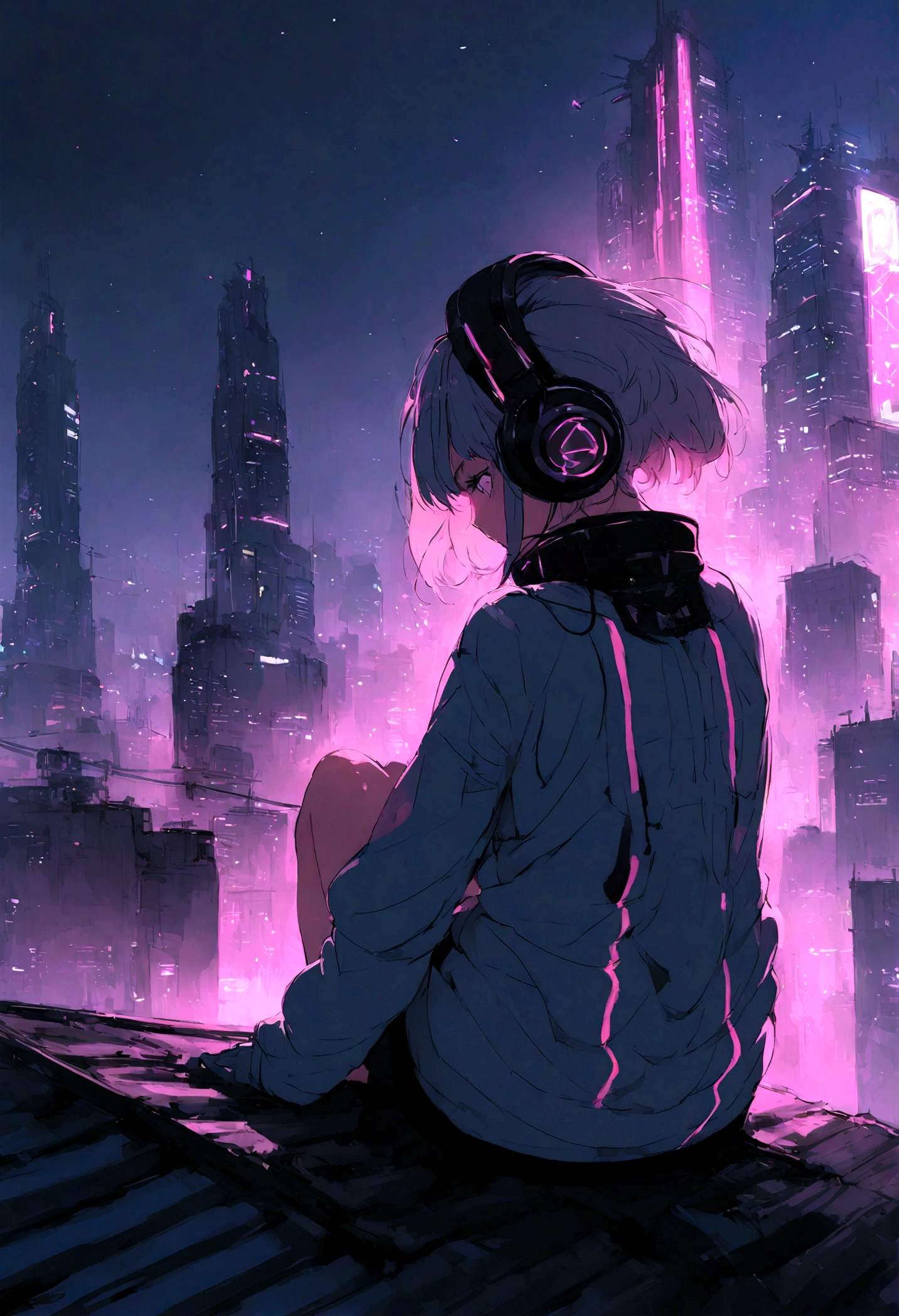 highest quality、masterpiece、night、Headphones、cyber punk、Cyber City、Sitting on high ground、Mid Shot、Looking down from the rooftop、High Position、Back view