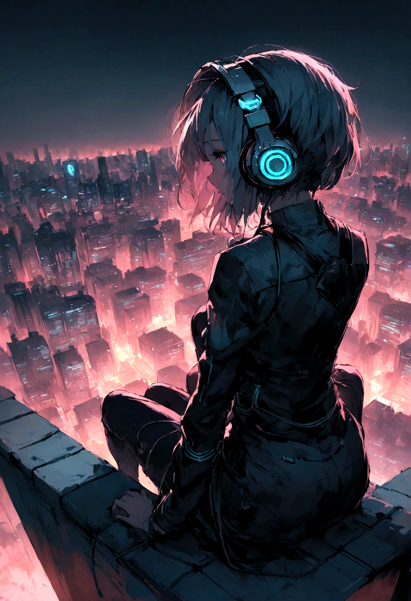 highest quality、masterpiece、night、Headphones、cyber punk、Cyber City、Sitting on high ground、Mid Shot、Looking down from the rooftop、High Position、Back view
