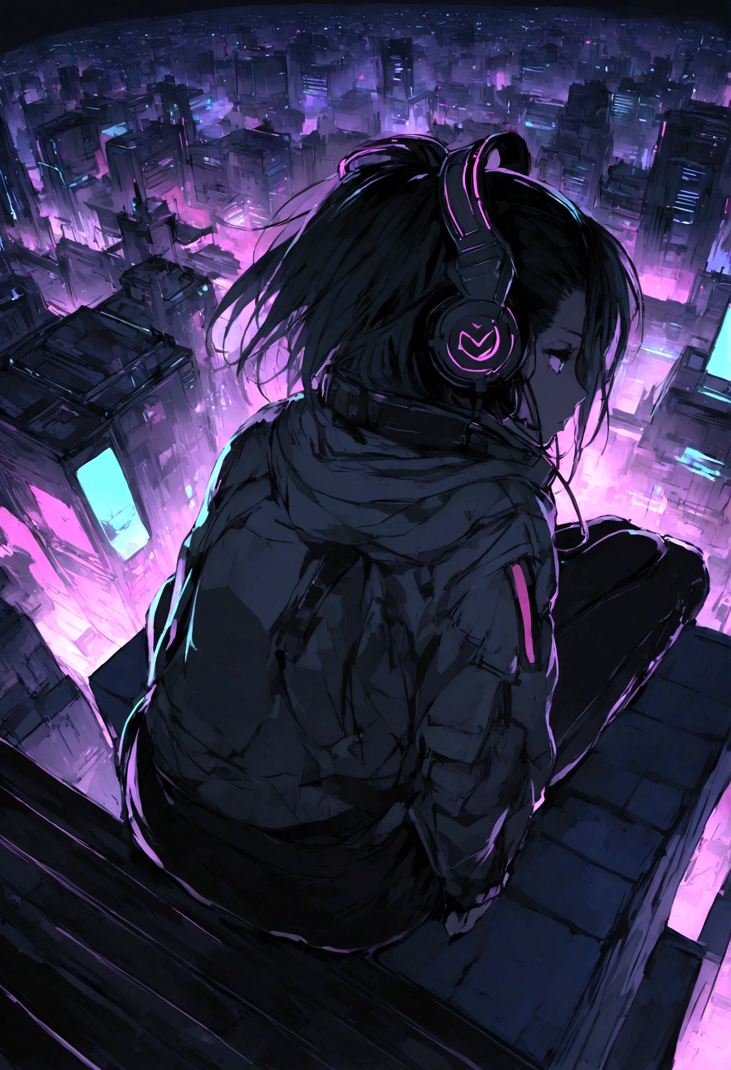 highest quality、masterpiece、night、Headphones、cyber punk、Cyber City、Sitting on high ground、Mid Shot、Looking down from the rooftop、High Position、Back view
