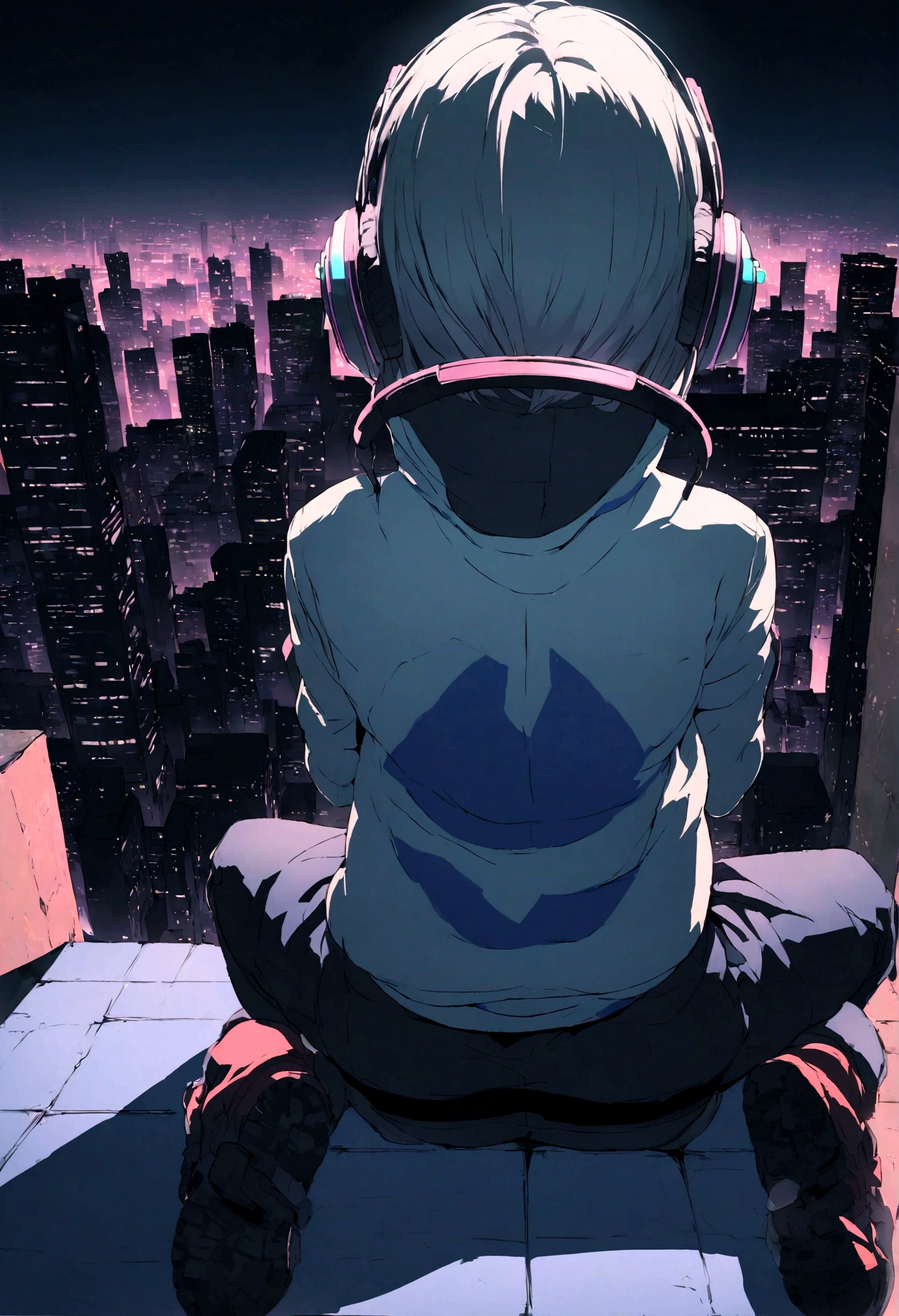 highest quality、masterpiece、night、Headphones、cyber punk、Cyber City、Sitting on high ground、Mid Shot、Looking down from the rooftop、High Position、Back view