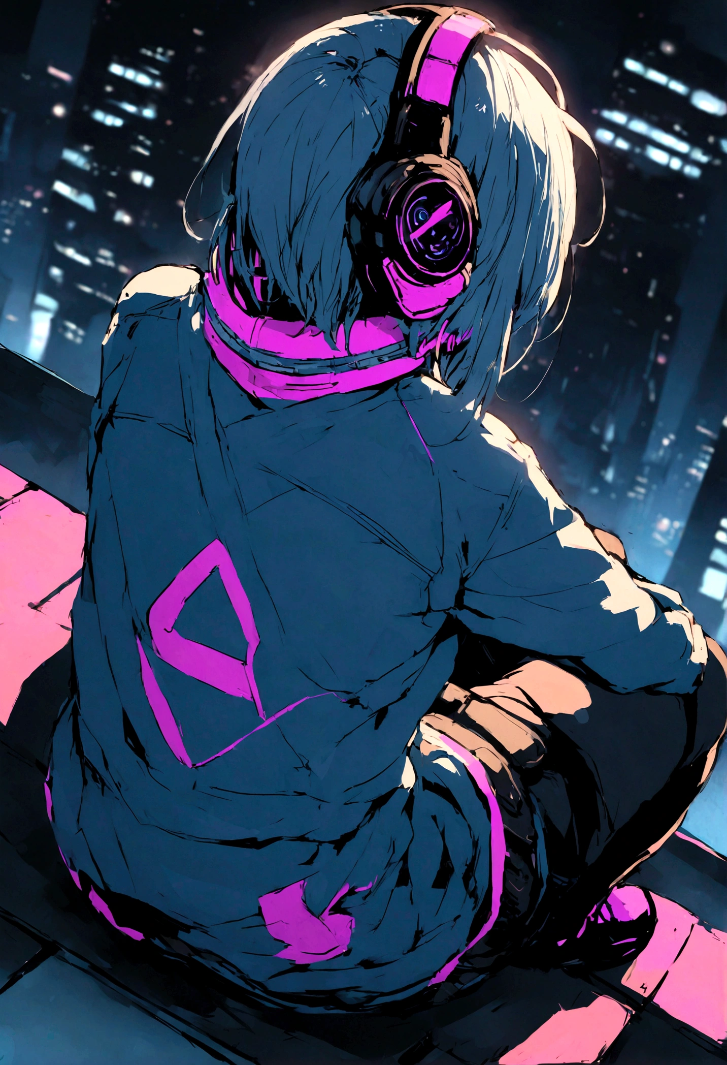 highest quality、masterpiece、night、Headphones、cyber punk、Cyber City、Sitting on high ground、Mid Shot、Looking down from the rooftop、High Position、Back view
