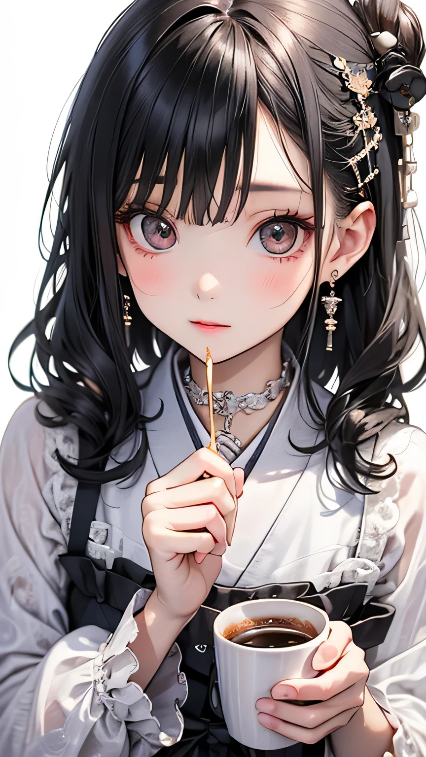 A young girl is holding a coffee cup in her hand, Girl cute beautiful face, Cute natural anime face, With a cute - lovely - face, sakimi chan, Chiho, Yoshitomo Nara, Young and pretty face, Beautiful Japanese girl face, Brown hair and big eyes, pretty girl, Beautiful light、Big eyes