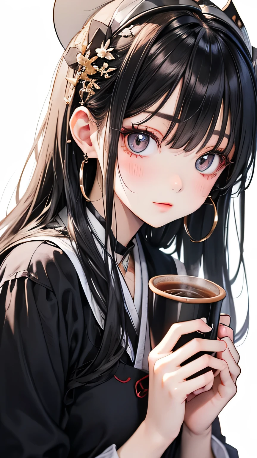 A young girl is holding a coffee cup in her hand, Girl cute beautiful face, Cute natural anime face, With a cute - lovely - face, sakimi chan, Chiho, Yoshitomo Nara, Young and pretty face, Beautiful Japanese girl face, Brown hair and big eyes, pretty girl, Beautiful light、Big eyes