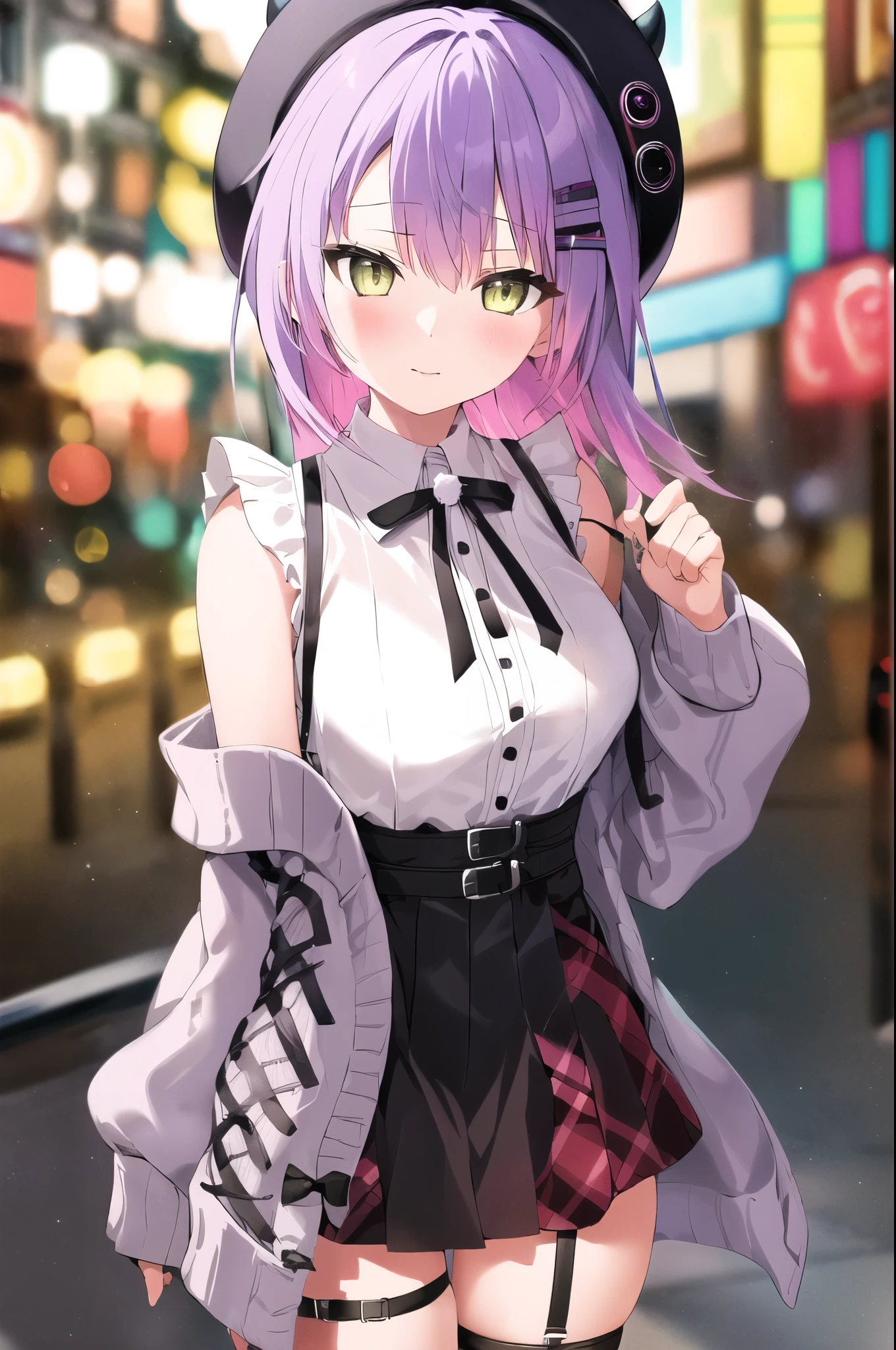 One girl, alone, (Highly praised, crowd, Colorful lights), Cowboy Shot, casual, jirai kei, Frilled shirt, High Waist Skirt, Off the shoulder, Grey cardigan, beret, False horns, Thigh straps
 