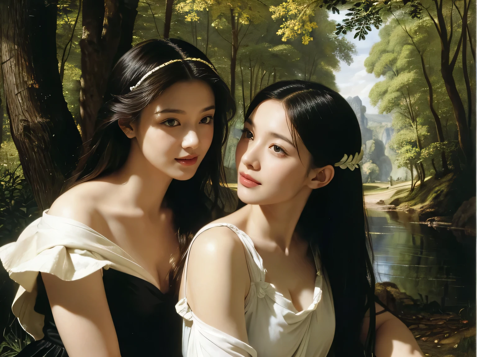 Giorgione painting style,Barbizon forest A beautiful woman in Greek dress smiles on the shore,Sweet and seductive appearance.、Caravaggio's paintings、Chiaroscuro of Caravaggio、hair tousled by the wind,Two women frolicking,cute smile, expression of ecstasy,Sexy,erotic, full body portrait