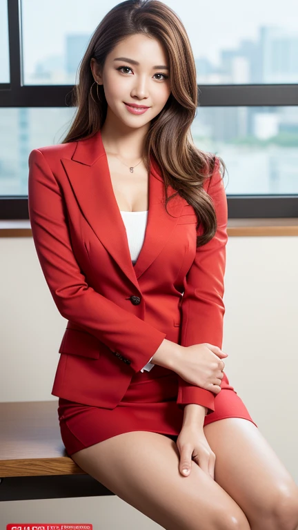 highest quality, Realistic, Very detailed, finely, High resolution, 8k wallpaper, 1. Beautiful woman,, Light brown hair, Wearing a red business suit,wearing a red slit skirt、(Natural pose), Sharp focus, Perfect dynamic composition, sitting at a computer desk in an office,finelyて美しい目, Thin Hair, Detailed and Realistic skin texture, smile, Model Body Type,Beautiful feet,Full Body Shot,Side Shot,Smile and laugh,
