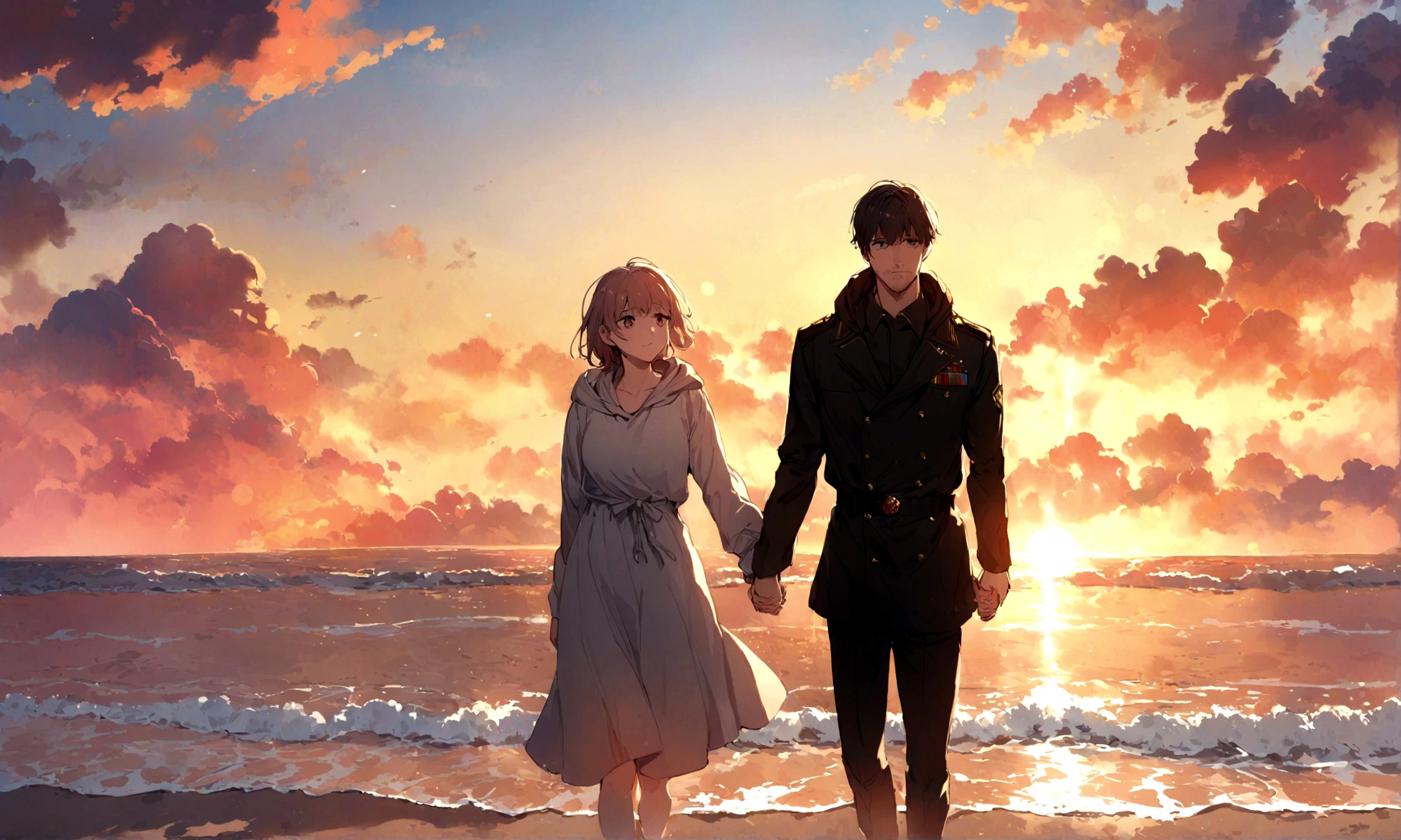 Seaside, Sunset sunlight, Behind the scenes holding hands, A woman with a gentle expression wearing a hoodie, Black military jacket clothing, Stubble, One young man, Vision, Cinematic Plan