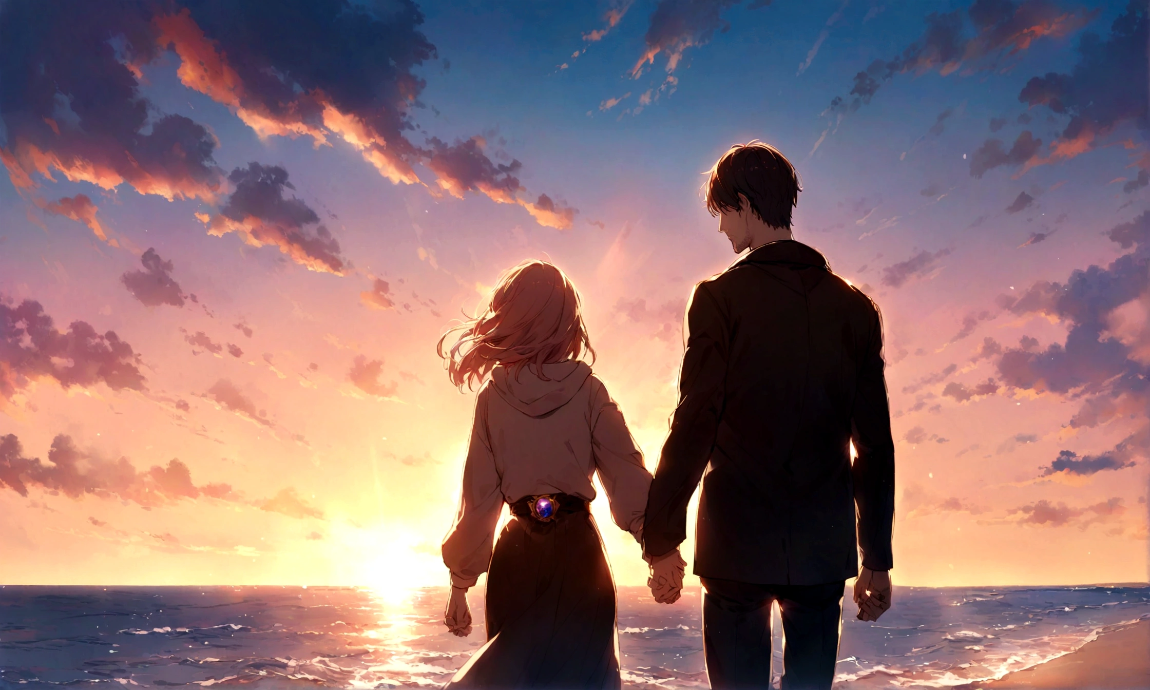 Seaside, Sunset sunlight, Behind the scenes holding hands, A woman with a gentle expression wearing a hoodie, Black military jacket clothing, Stubble, One young man, Vision, Cinematic Plan