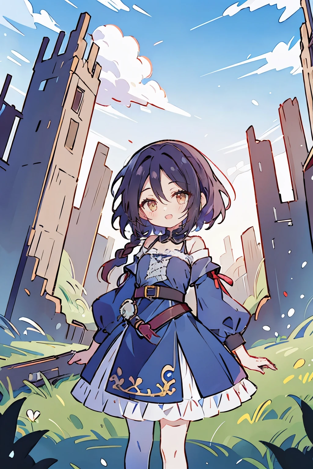 Hui Xiyi, Rekkyo Sensen, fantasy world, ruins, fort, beautiful sky, shining sky, sunshine, camisoles, belts, blue clothes, cross choker, wind blowing dress, lace dress, off-shoulder sleeves, white tights, forehead