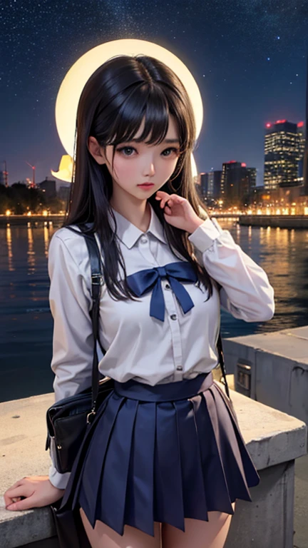 Adult Girls。cute、City of night、Looking up at the stars in the sky、Serious face、Composition from below、Tons of stars、Place your hand on your chest、Fluttering skirt