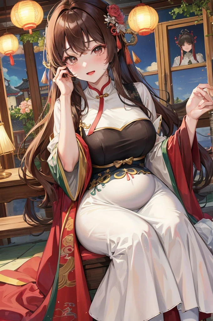 绝代夜满月1女China风姐妹御姐微笑棕发Princess剪麻花辫双丸浅粉红唇, calm, Intellectuals, Zhongfa, Green Student, hairpin, Peach Blossom, Red clothes，masterpiece, best quality, Married woman， aldult, Chinese, China, elder sister,   hairpin，brown hair, Princess，Full of maternal love，purely，blush，Enthusiastic，Mother，Mature，fine，Pregnant，wife，Pantyhose，Shy，Happy，Likeable，发hairpin，Double tail，