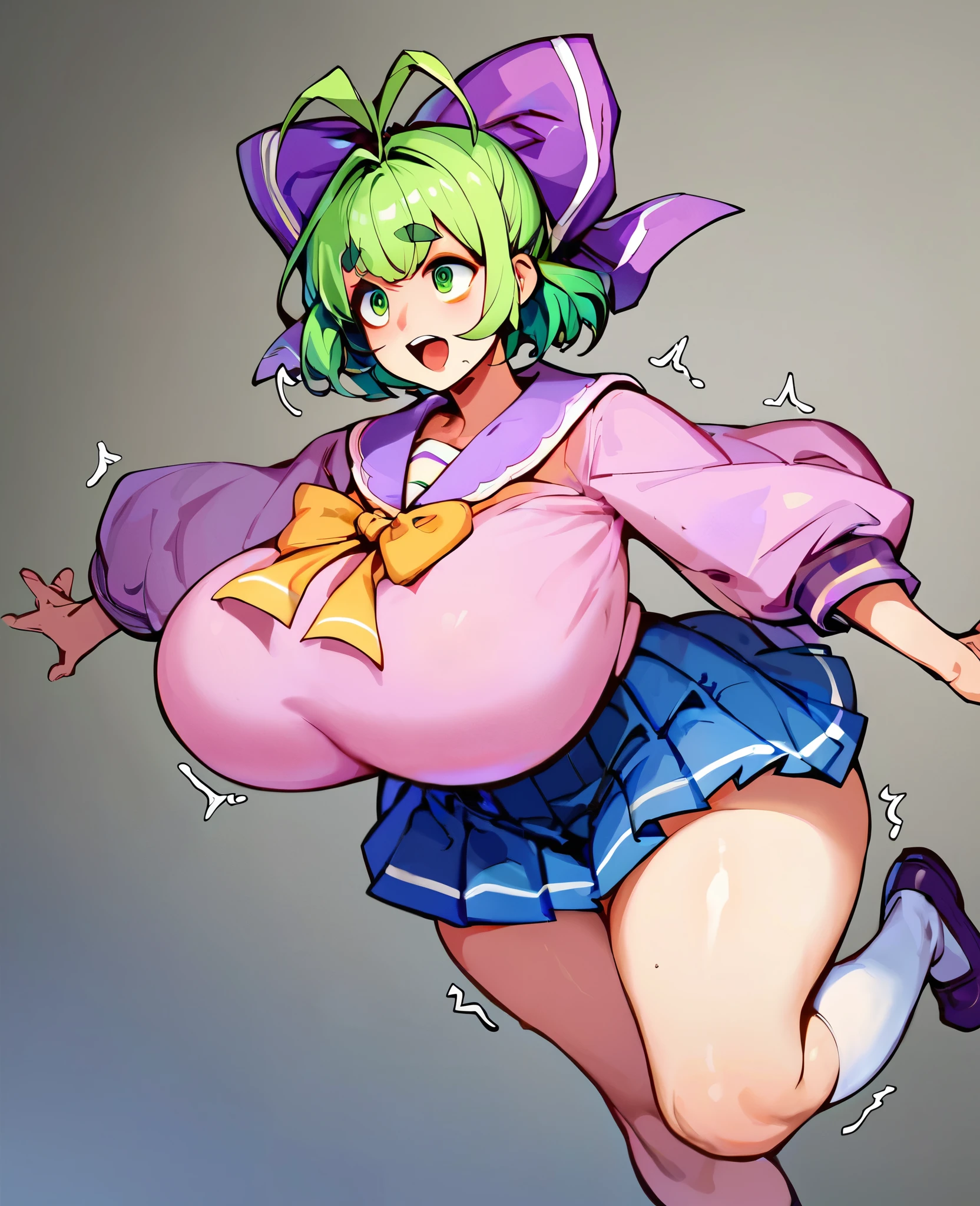 Miss,front,posture,Green short hair,Green Eyes,Purple bow,Blue pleated skirt,White socks,Purple sailor suit,Small leather shoes,Antenna hair,Doudou Eyebrows,Hair rope,permanent,Bangs,HappyGreen Hair Bow Girl Source_Japanese cartoons,woman, ,score_9, score_8_up, score_7_up, ratings_explicit, Semi-realistic, 1girl, Fat woman, Huge cleavage, Wide hips and thick thighs, Shyness and nervousness,Moan of pleasure, Trembling, tearsofjoy, indoor, Simple background, at night, Dark, Blurred background, blur background,