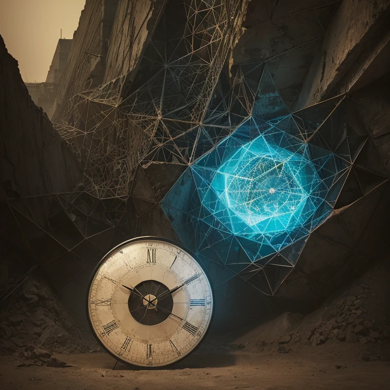(abstrair:1.2) Jovem Mulher Composta de (geometrical forms:1.2), transformando-se em um (zdzislaw beksinski) style clock, the clock is ticking at 3 o'clock