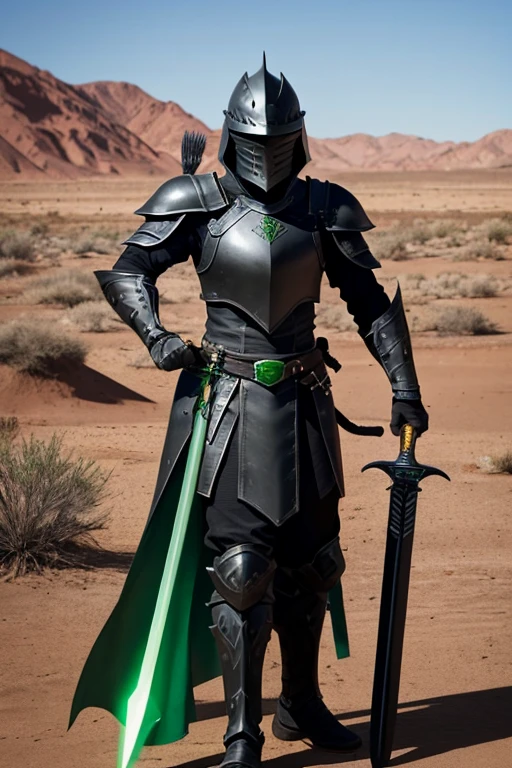 warrior.full black armor.green sword.in the desert.