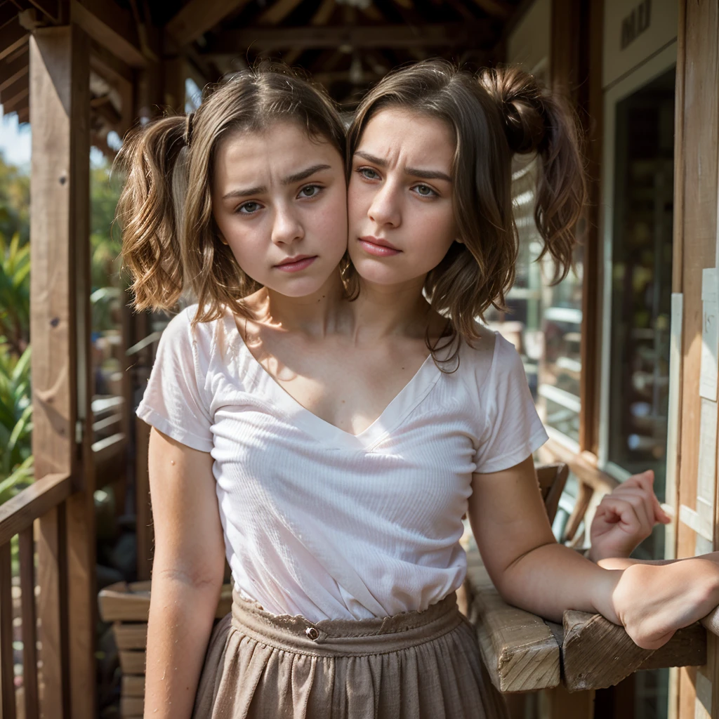 2heads, (13 year old girl:1.5), (uncomfortable and annoyed:1.2)