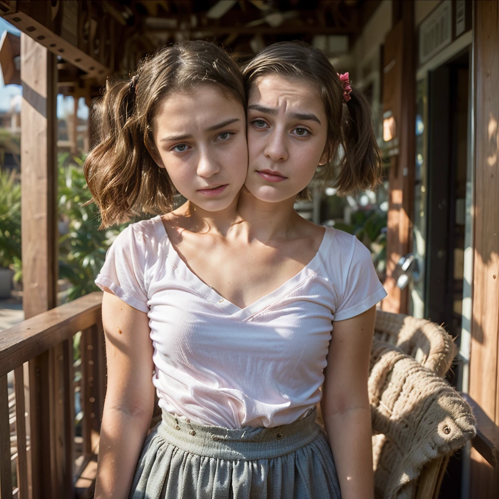 2heads, (13 year old girl:1.5), (uncomfortable and annoyed:1.2)