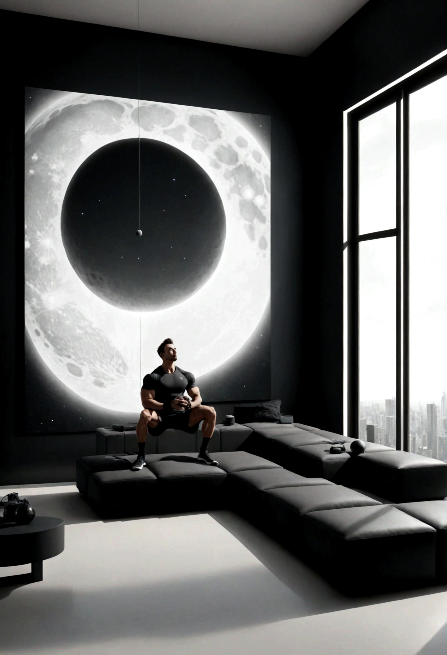 une salle de sport , minimaliste, high tech room design with large bay window,avec un croissant de lune dans le ciel . Un homme seul chauve fin et musclé portant un short noir et un tshirt noir . Le personnage est placé à gauche de l'image.