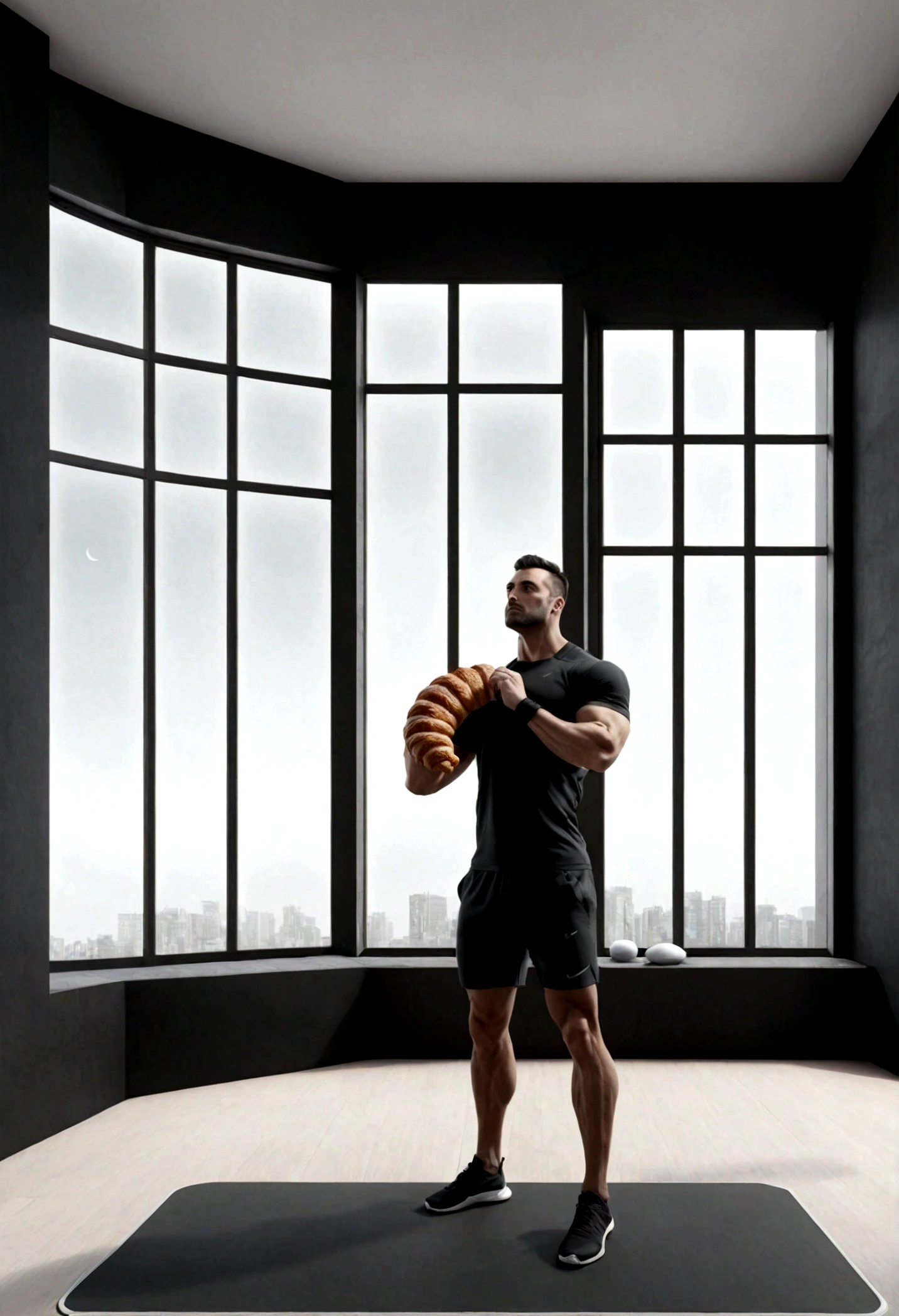 une salle de sport , minimaliste, high tech room design with large bay window,avec un croissant de lune dans le ciel . Un homme seul chauve fin et musclé portant un short noir et un tshirt noir . Le personnage est placé à gauche de l'image.