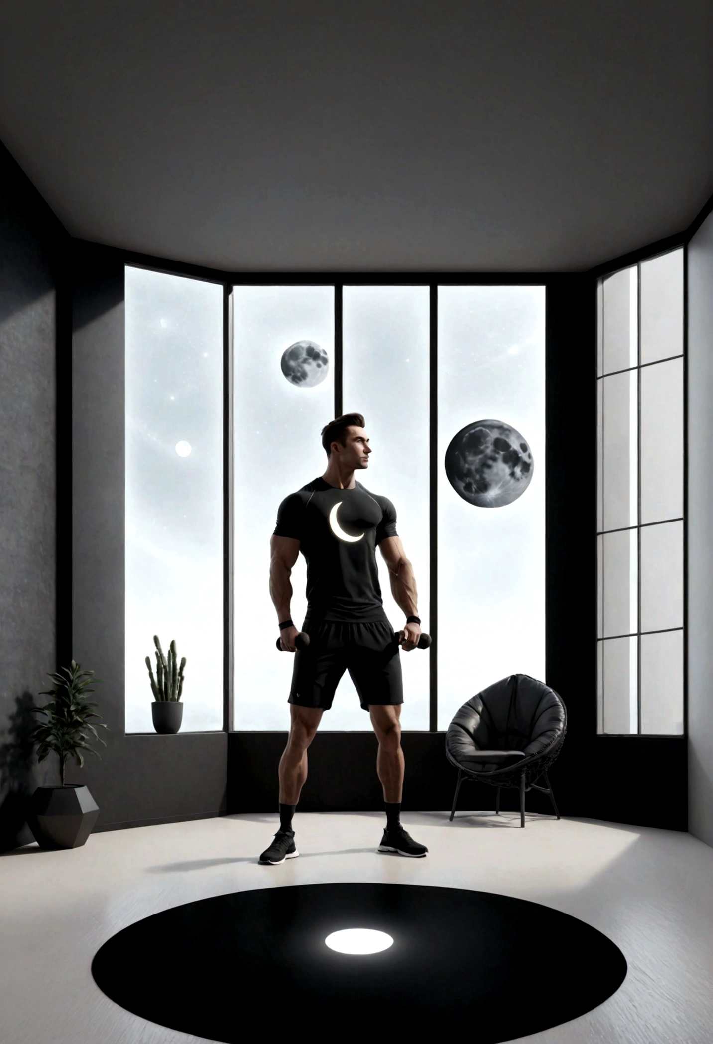 une salle de sport , minimaliste, high tech room design with large bay window,avec un croissant de lune dans le ciel . Un homme seul chauve fin et musclé portant un short noir et un tshirt noir . Le personnage est placé à gauche de l'image.