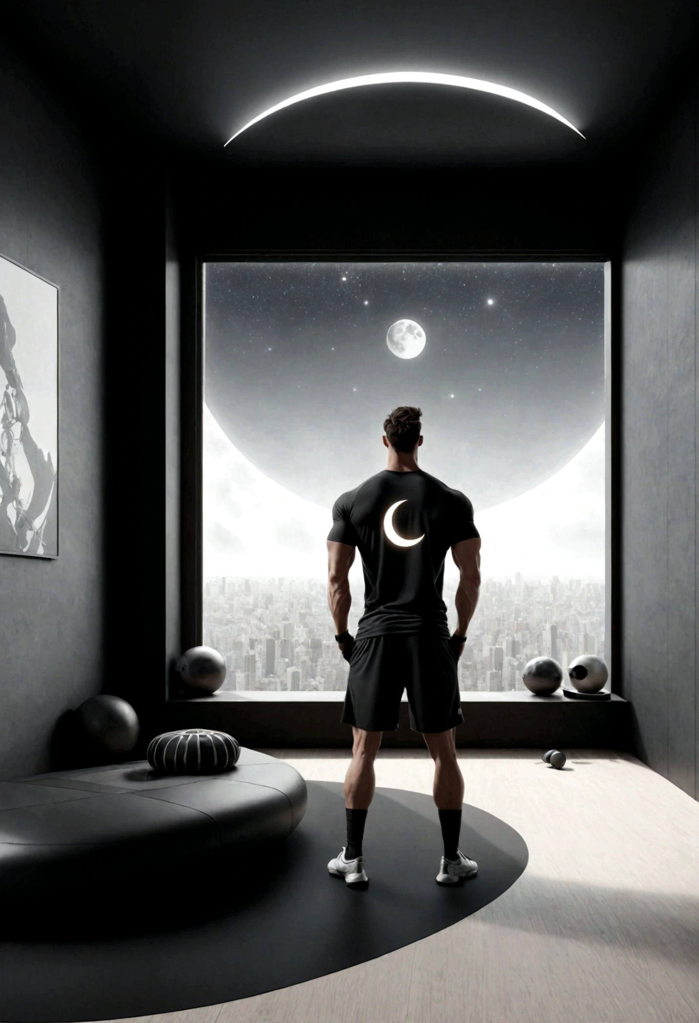 une salle de sport , minimaliste, high tech room design with large bay window,avec un croissant de lune dans le ciel . Un homme seul chauve fin et musclé portant un short noir et un tshirt noir . Le personnage est placé à gauche de l'image.