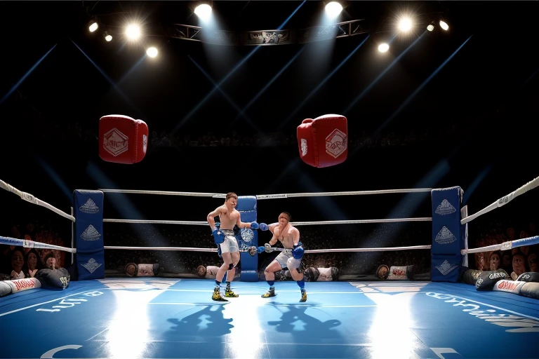 boxe ring with lights and ropes, boxe ring sol blanc coin bleu et sol blanc sol, fond d&#39;  Boardwalk Hall Atlantic City, Ring de boxe avec le sol blanc et les coins bleus, scene background  Boardwalk Hall d'Atlantic City, toile de fond  Boardwalk Hall Atlantic City, écran centrale au dessus du ring comme au  Boardwalk Hall  in a boxe ring,  boxe, boxe match, scene,  projecteur, barre d&#39;background, spot et projecteur au plafond  fond dramatique, atmospheric perspective, glowing light, 8k, super detail, best quality, masterpiece