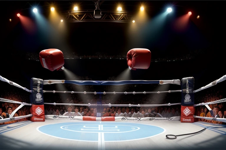 boxe ring with lights and ropes, boxe ring sol blanc coin bleu et sol blanc sol, fond d' Boardwalk Hall Atlantic City, Ring de boxe avec le sol blanc et les coins bleus, scene background Boardwalk Hall d'Atlantic City, toile de fond Boardwalk Hall Atlantic City, écran centrale au dessus du ring comme au Boardwalk Hall in a boxe ring, boxe, boxe match, scene, projecteur, barre d'background, spot et projecteur au plafond fond dramatique, atmospheric perspective, glowing light, 8k, super detail, best quality, masterpiece
