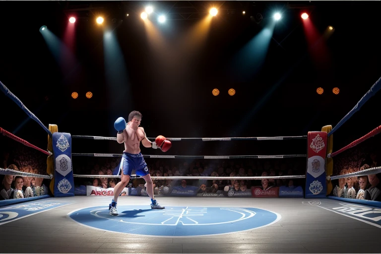 boxe ring with lights and ropes, boxe ring sol blanc coin bleu et sol blanc sol, fond d' Boardwalk Hall Atlantic City, Ring de boxe avec le sol blanc et les coins bleus, scene background Boardwalk Hall d'Atlantic City, toile de fond Boardwalk Hall Atlantic City, écran centrale au dessus du ring comme au Boardwalk Hall in a boxe ring, boxe, boxe match, scene, projecteur, barre d'background, spot et projecteur au plafond fond dramatique, atmospheric perspective, glowing light, 8k, super detail, best quality, masterpiece